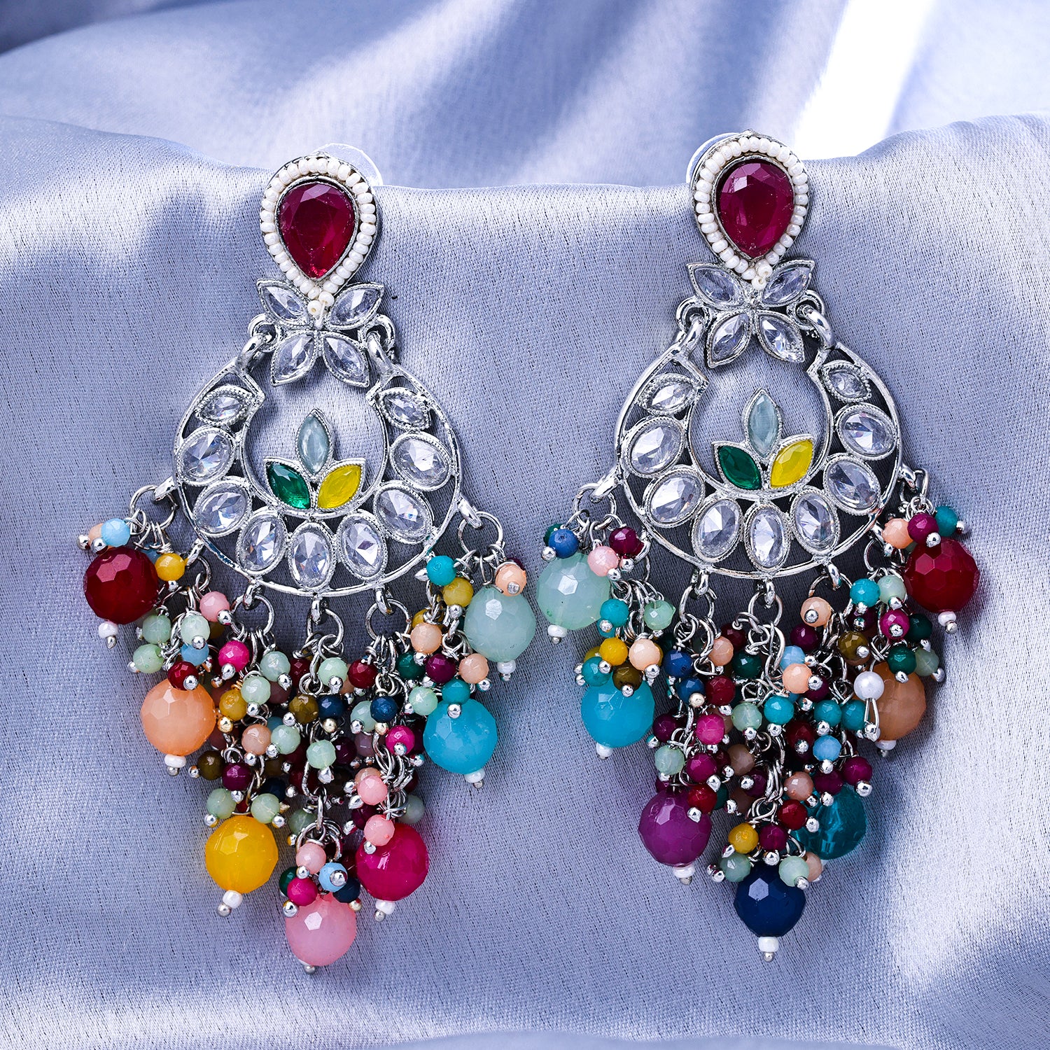 Sukkhi Rhodium Plated Multi Reverse AD & Pearl Chandbali Earrings for Women