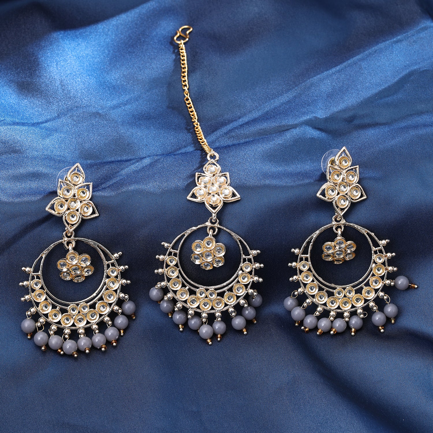 Sukkhi Gold Plated Grey Reverse AD & Pearl Chandbali Earrings for Women