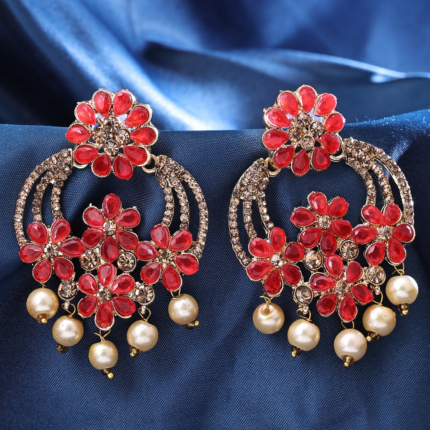 Sukkhi Gold Plated Red Reverse AD & Pearl Drop Earrings for Women