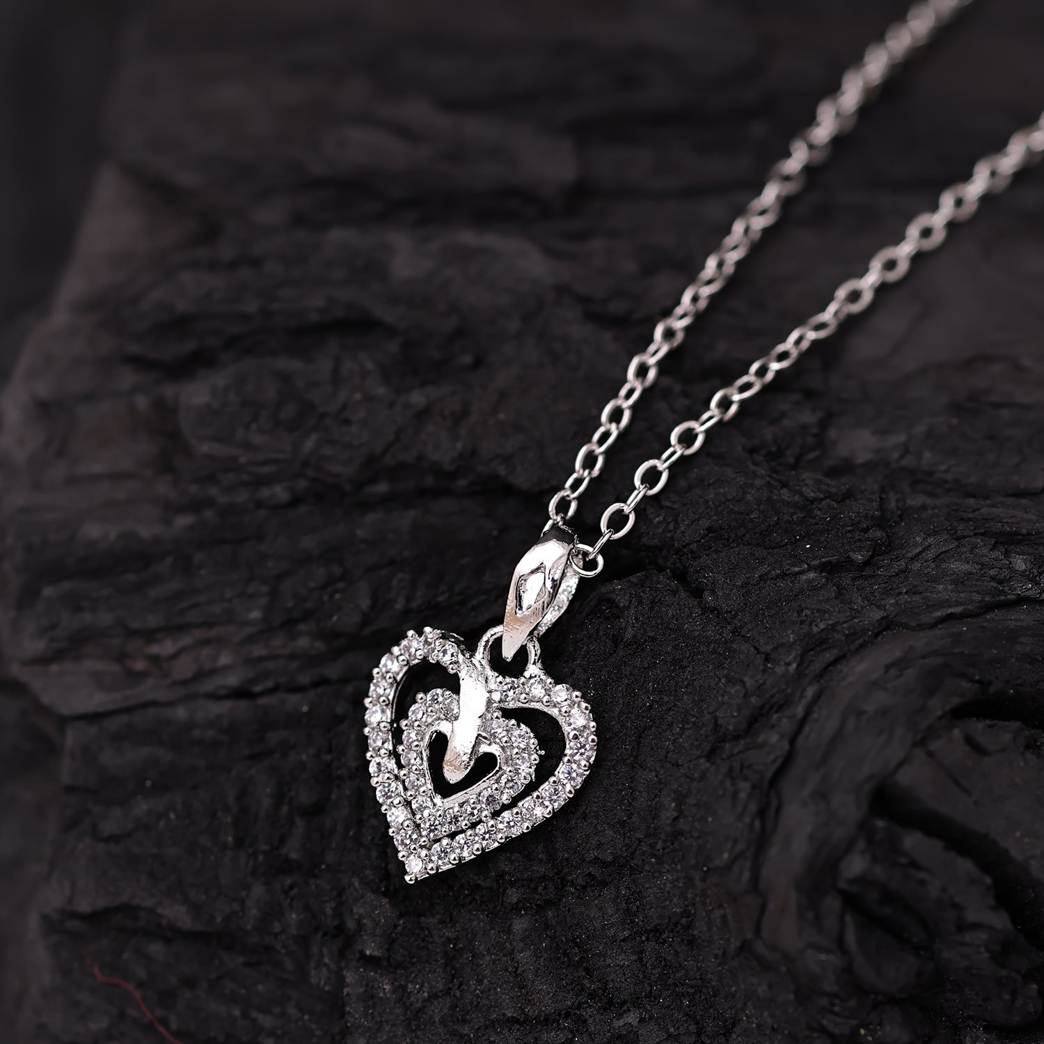 Sukkhi Rhodium Plated Silver CZ Heart Chain Pendant for Women
