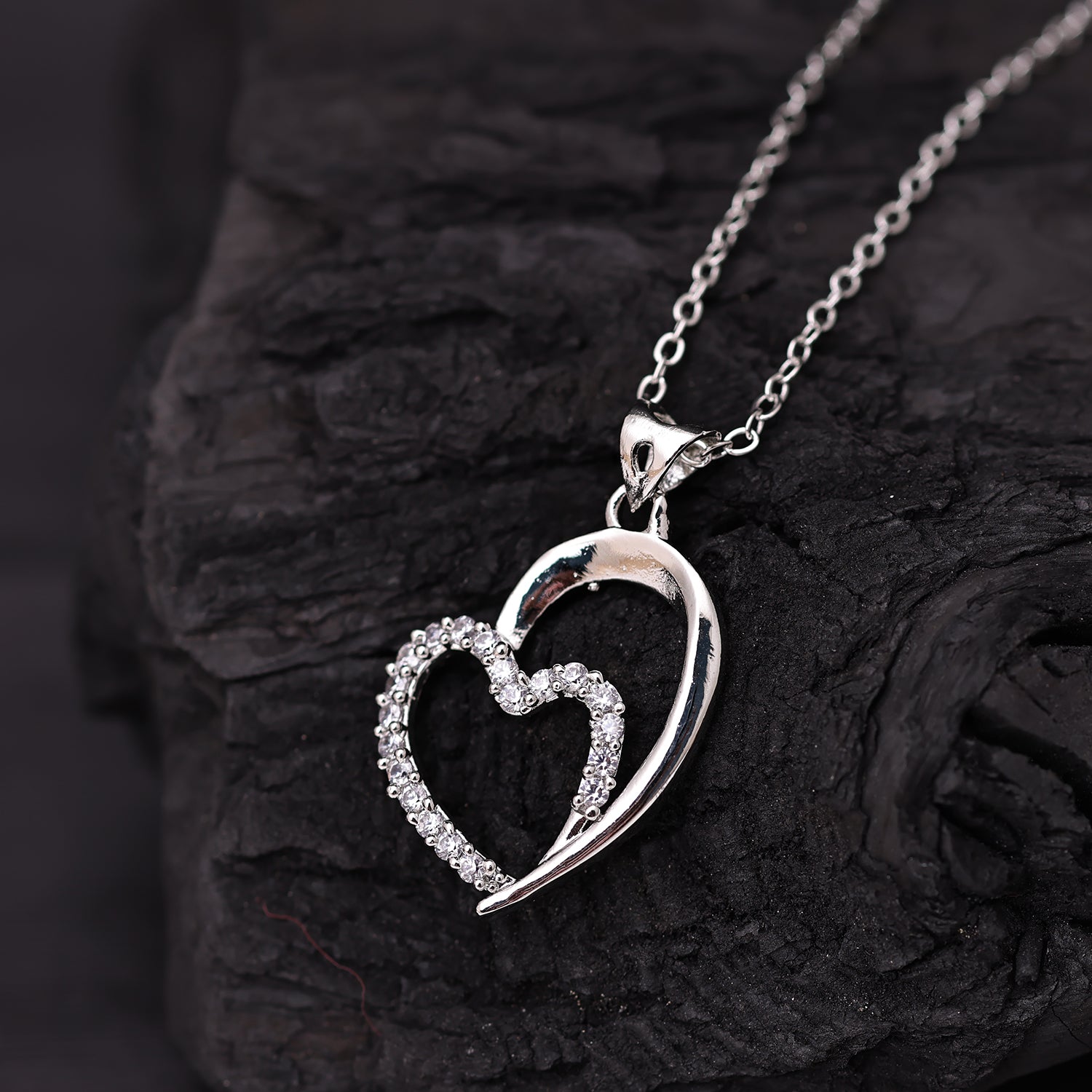 Sukkhi Rhodium Plated Silver CZ Heart Chain Pendant for Women