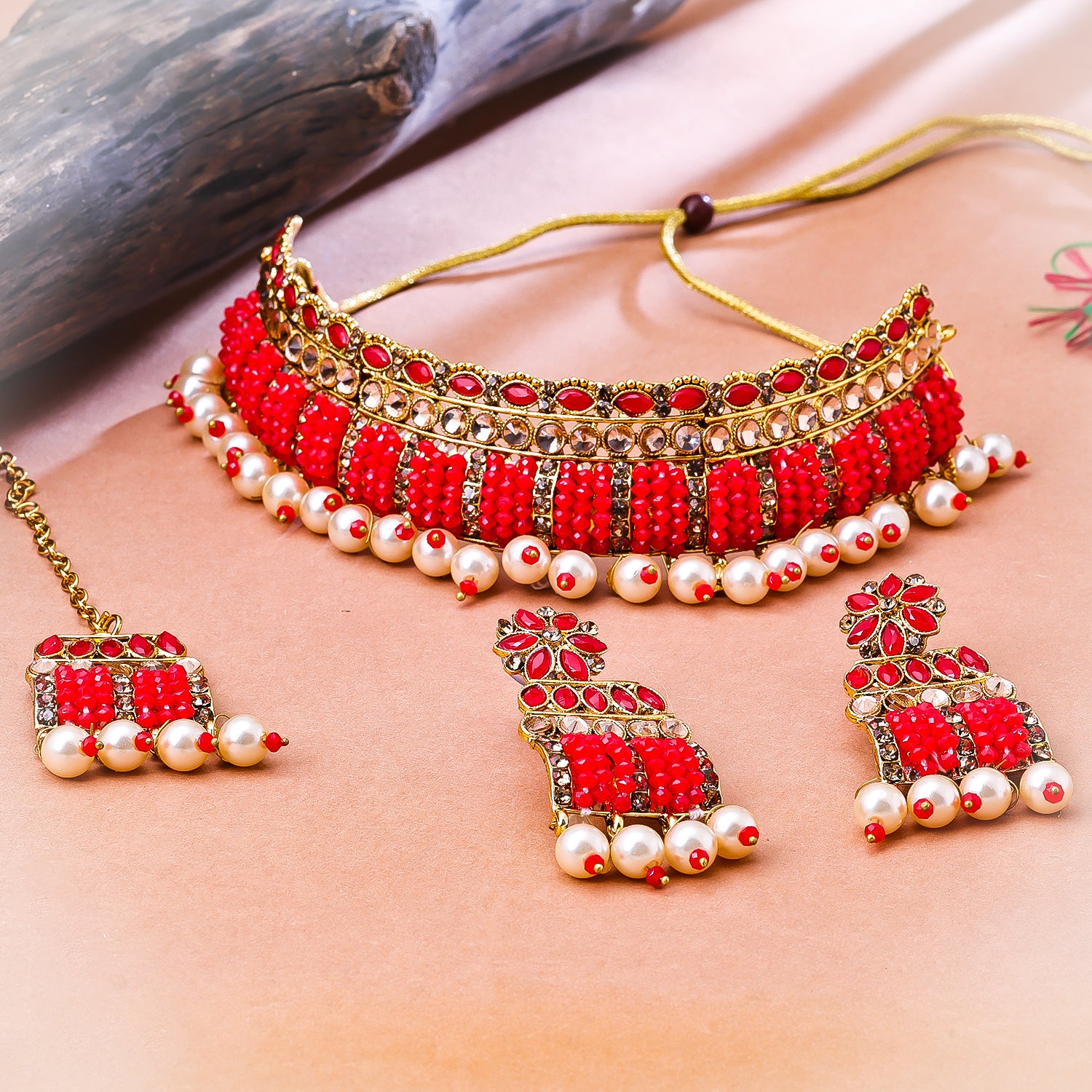 Sukkhi Gold Plated Red Reverse AD & Pearl Choker Necklace Set for Women