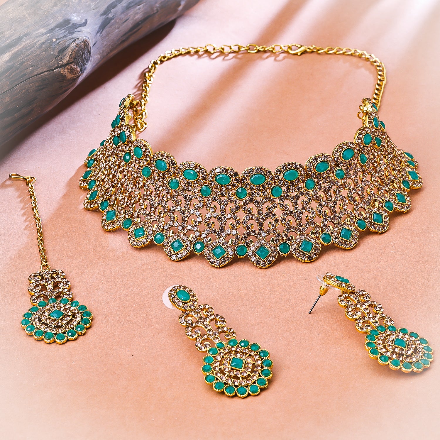 Sukkhi Gold Plated Green Reverse AD & Pearl Choker Necklace Set for Women