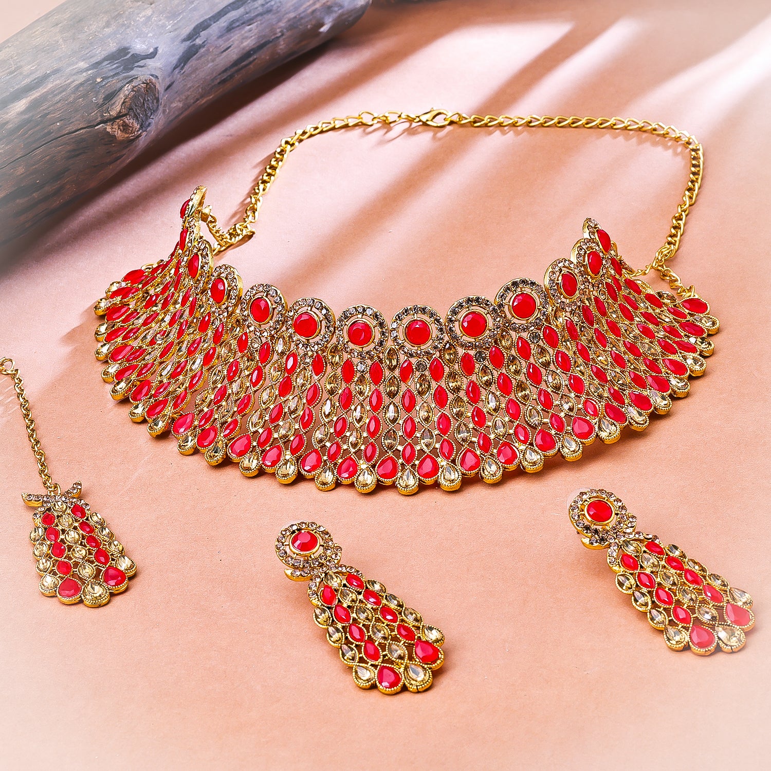Sukkhi Gold Plated Red Reverse AD & Pearl Choker Necklace Set for Women