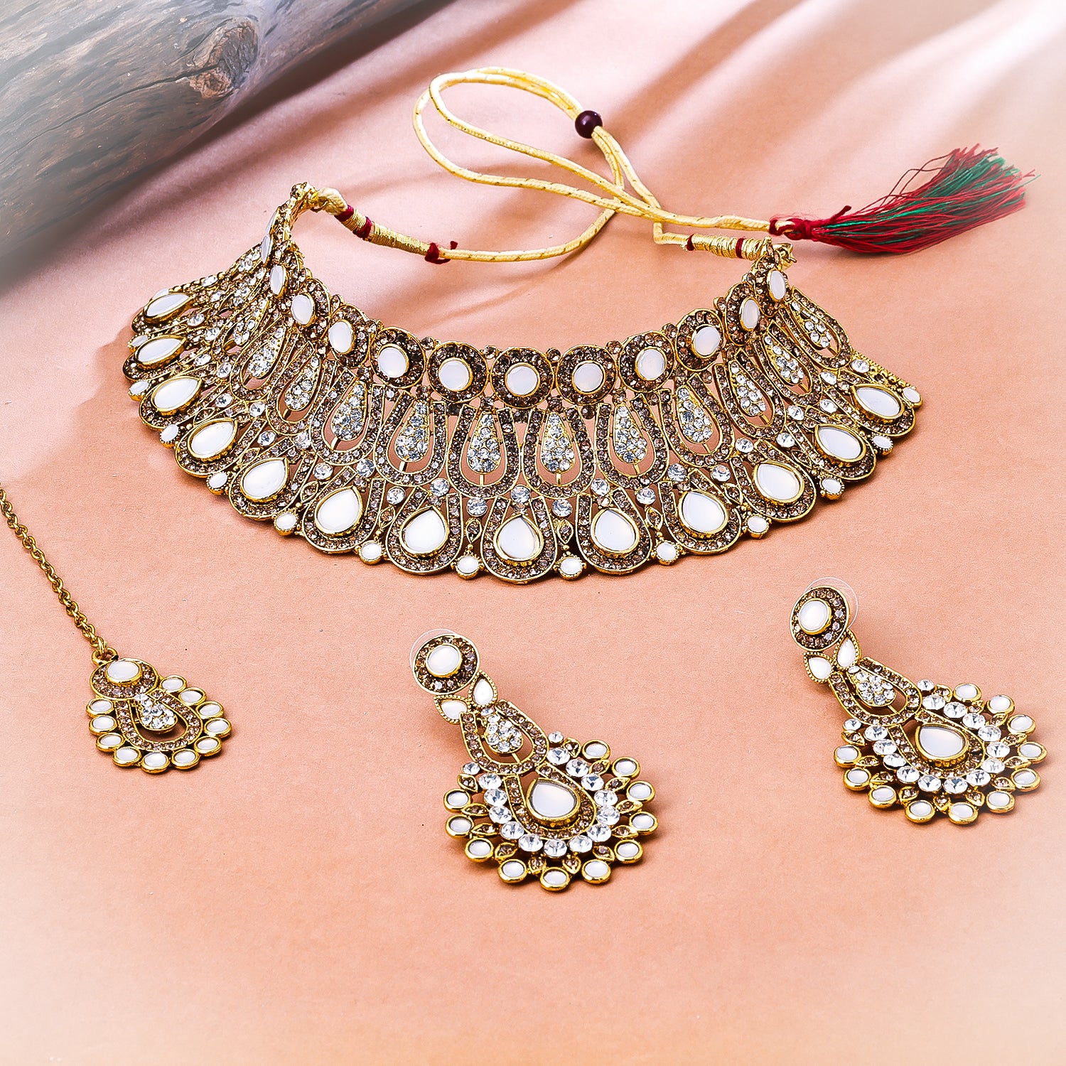 Sukkhi Gold Plated Golden Reverse AD & Pearl Choker Necklace Set for Women