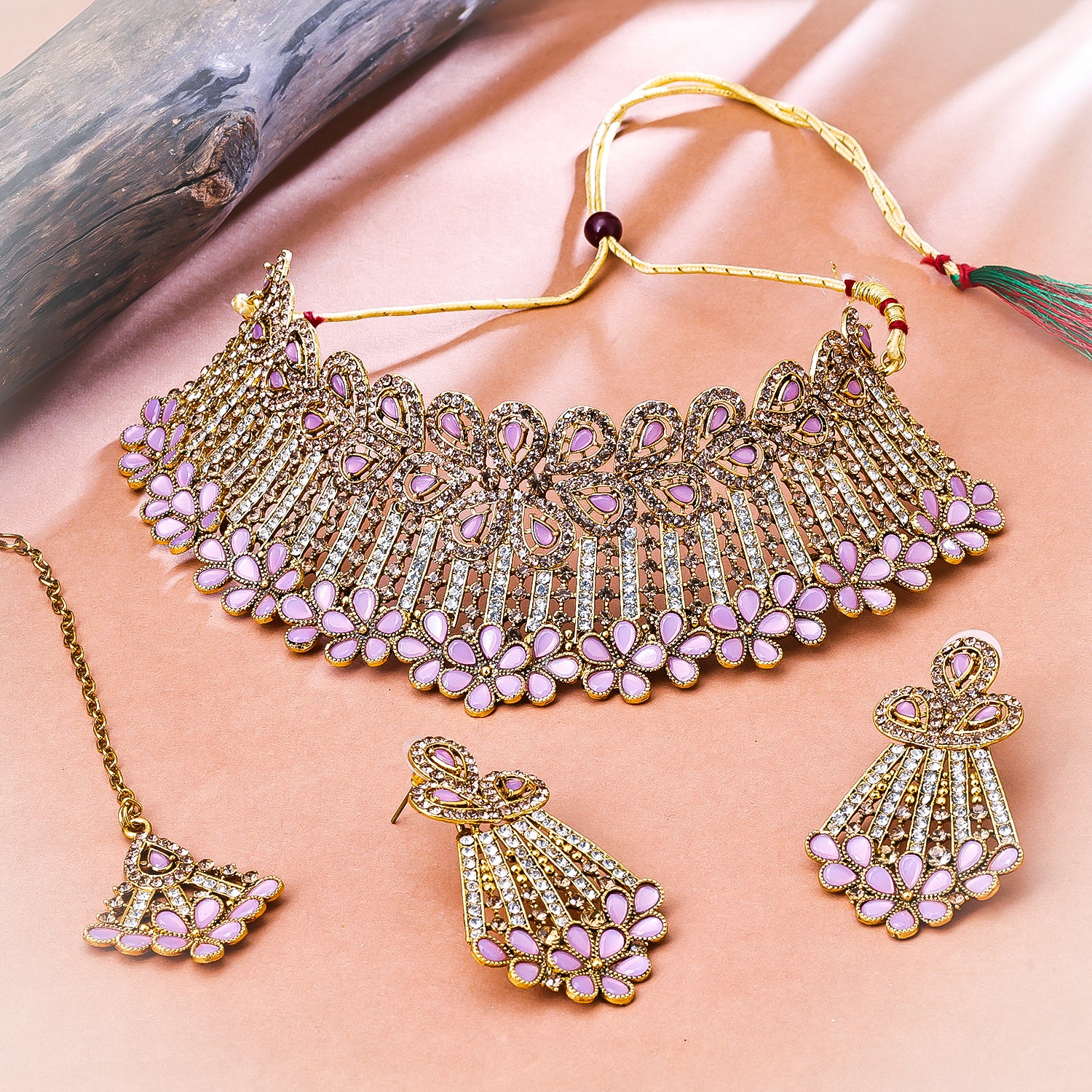 Sukkhi Gold Plated Pink Reverse AD & Pearl Choker Necklace Set for Women