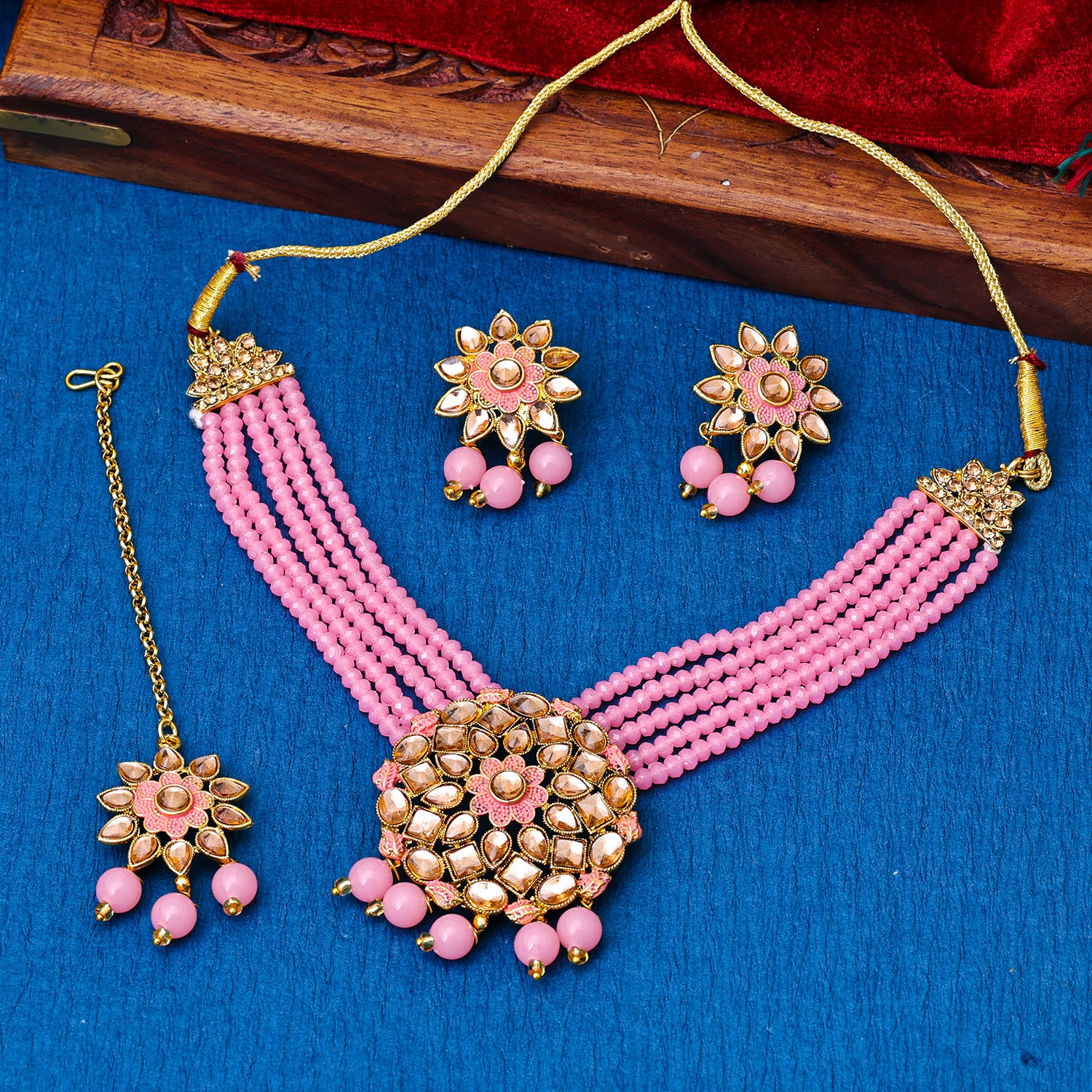 Sukkhi Gold Plated Pink Reverse AD & Pearl Choker Necklace Set for Women