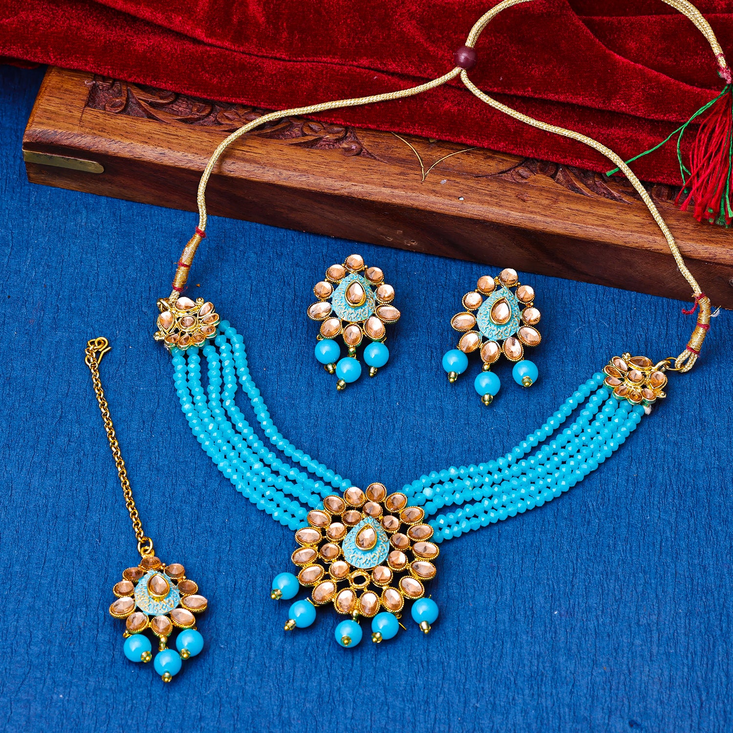 Sukkhi Gold Plated Blue Reverse AD & Pearl Choker Necklace Set for Women
