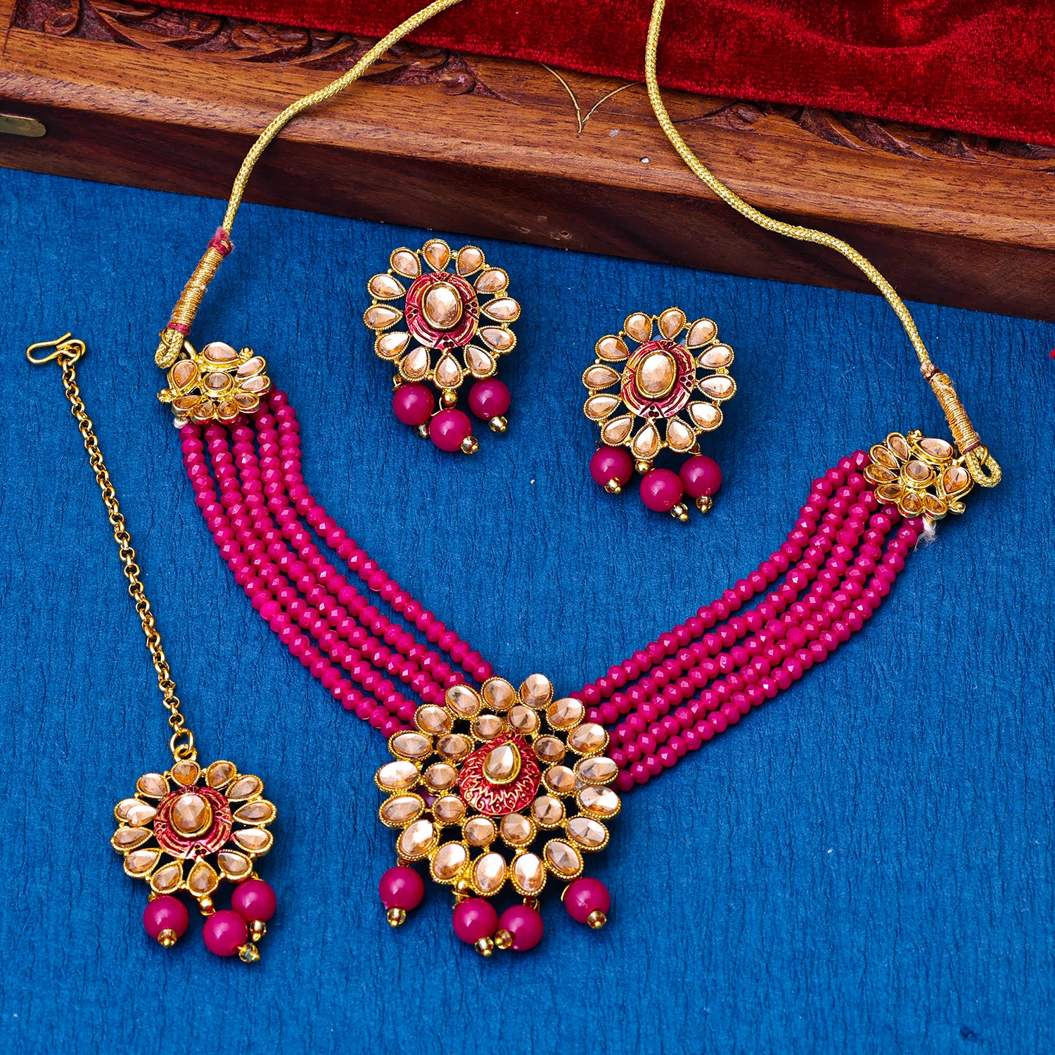 Sukkhi Gold Plated Pink Reverse AD & Pearl Choker Necklace Set for Women