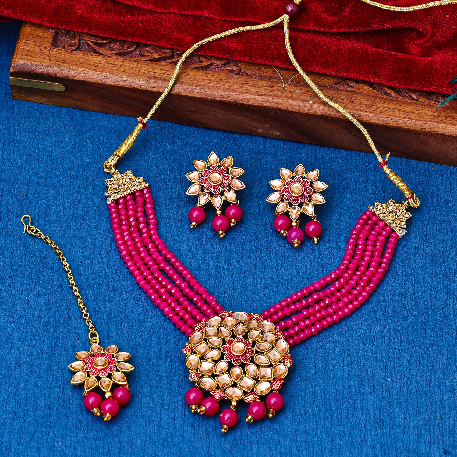 Sukkhi Gold Plated Pink Reverse AD & Pearl Choker Necklace Set for Women