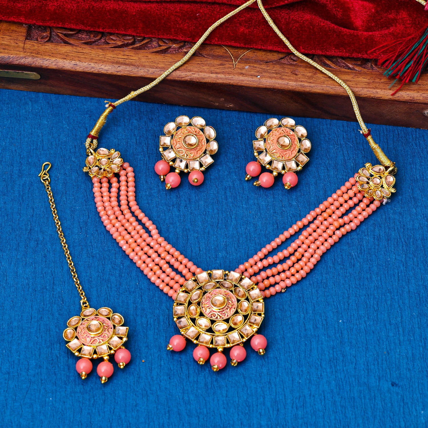 Sukkhi Gold Plated Peach Reverse AD & Pearl Choker Necklace Set for Women