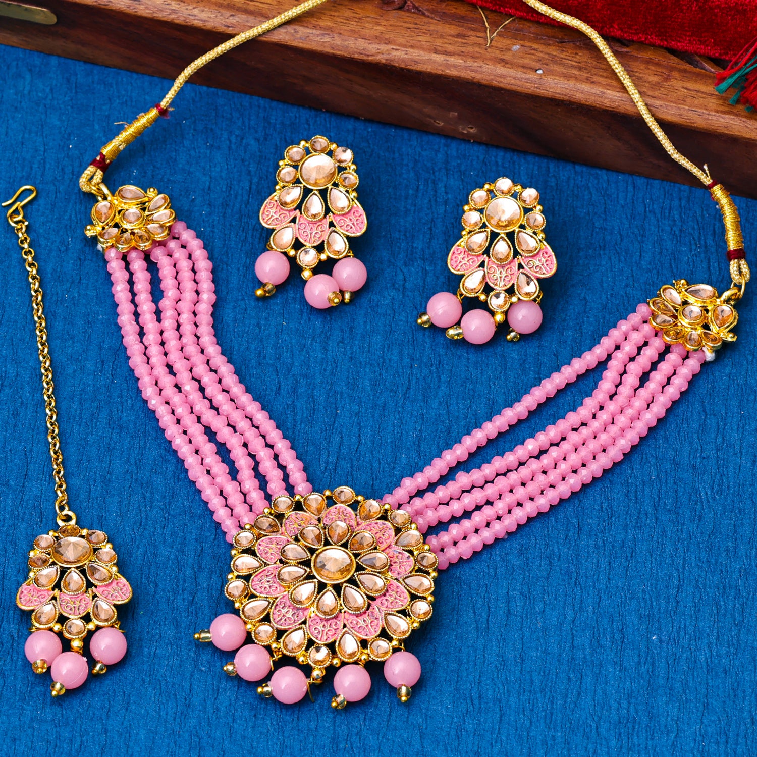 Sukkhi Gold Plated Pink Reverse AD & Pearl Choker Necklace Set for Women