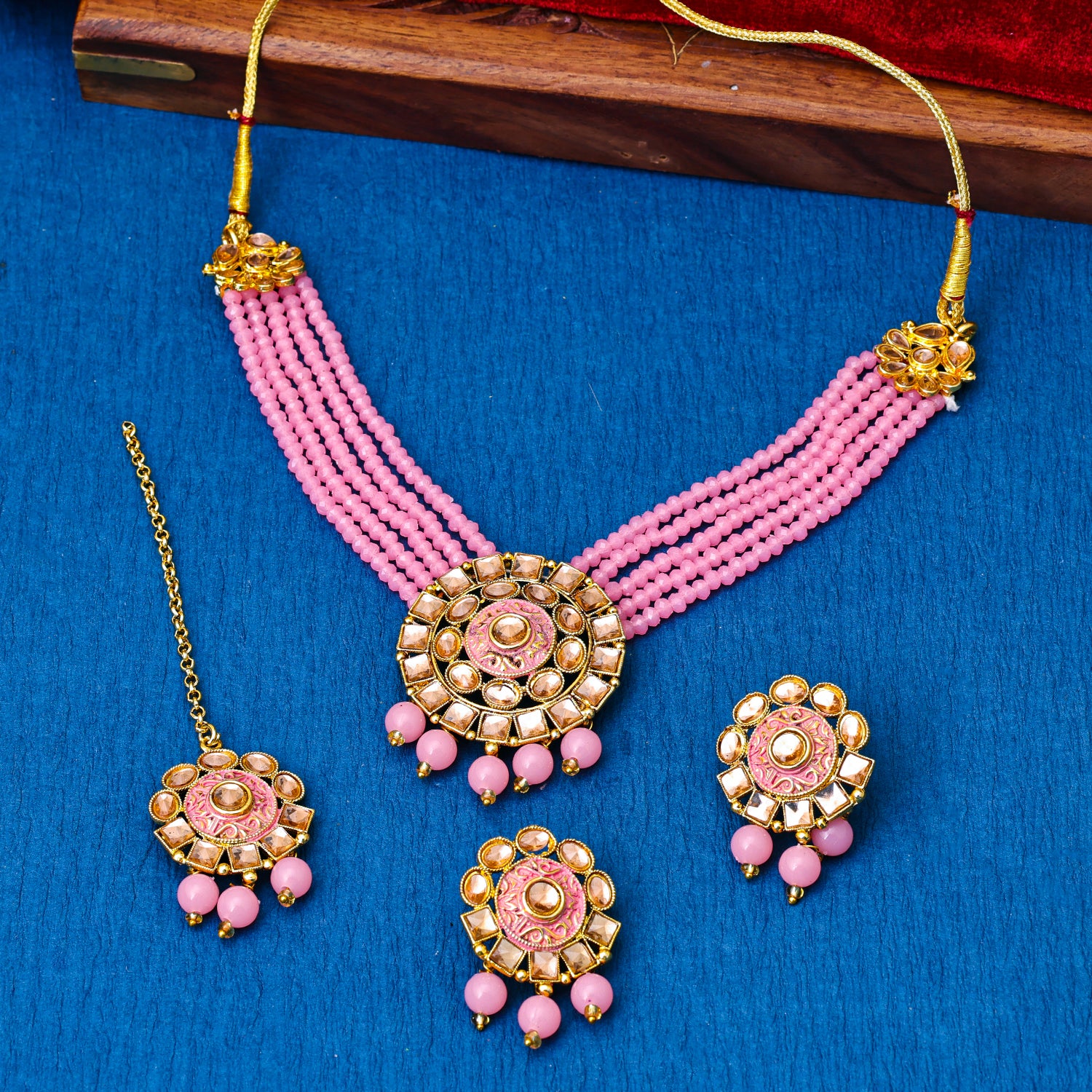 Sukkhi Gold Plated Pink Reverse AD & Pearl Choker Necklace Set for Women