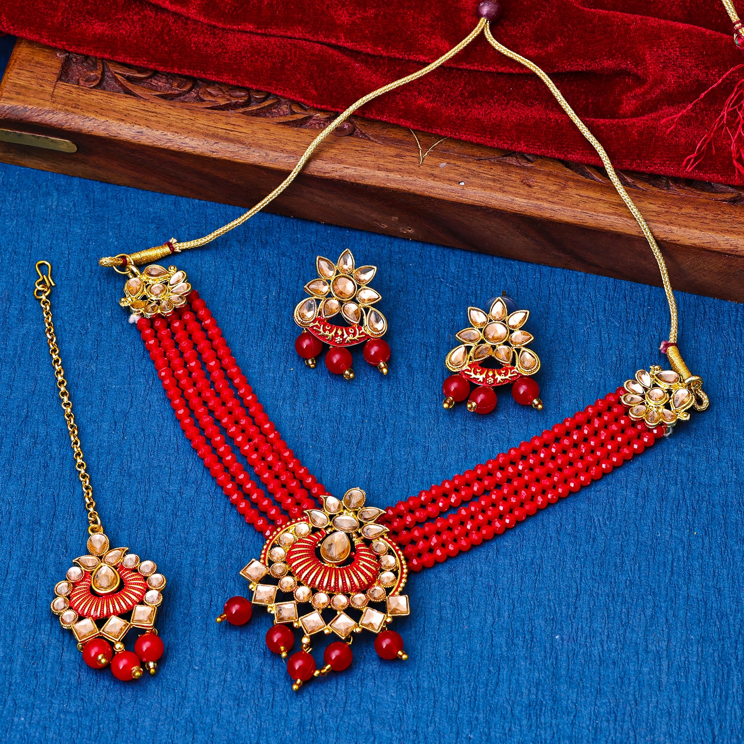 Sukkhi Gold Plated Red Reverse AD & Pearl Choker Necklace Set for Women