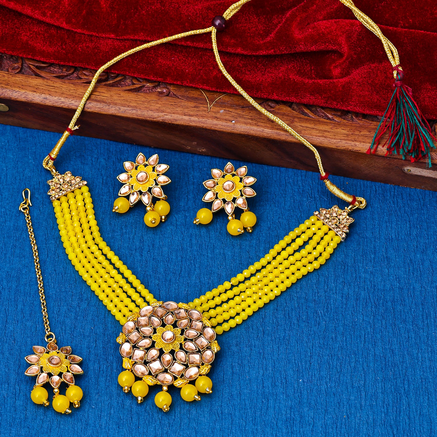 Sukkhi Gold Plated Yellow Reverse AD & Pearl Choker Necklace Set for Women