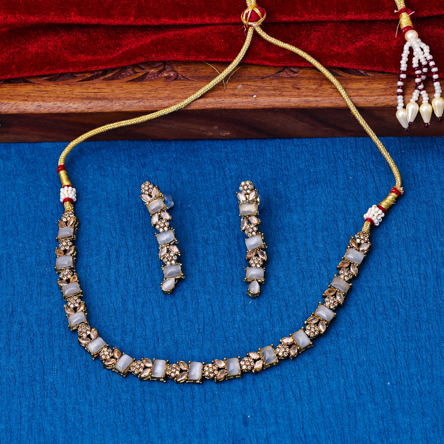 Sukkhi Gold Plated Grey Reverse AD & Pearl Choker Necklace Set for Women