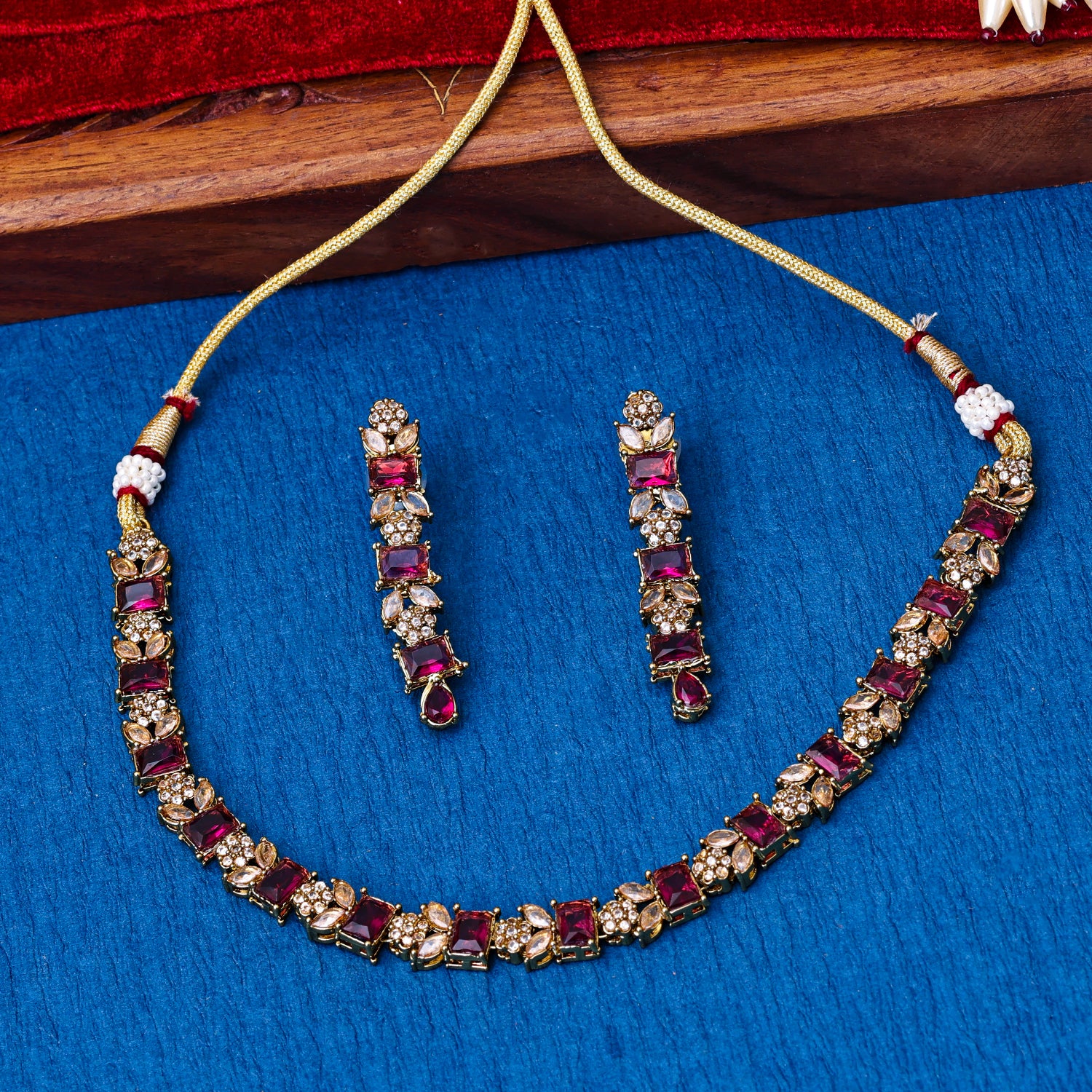 Sukkhi Gold Plated Purple Reverse AD & Pearl Choker Necklace Set for Women