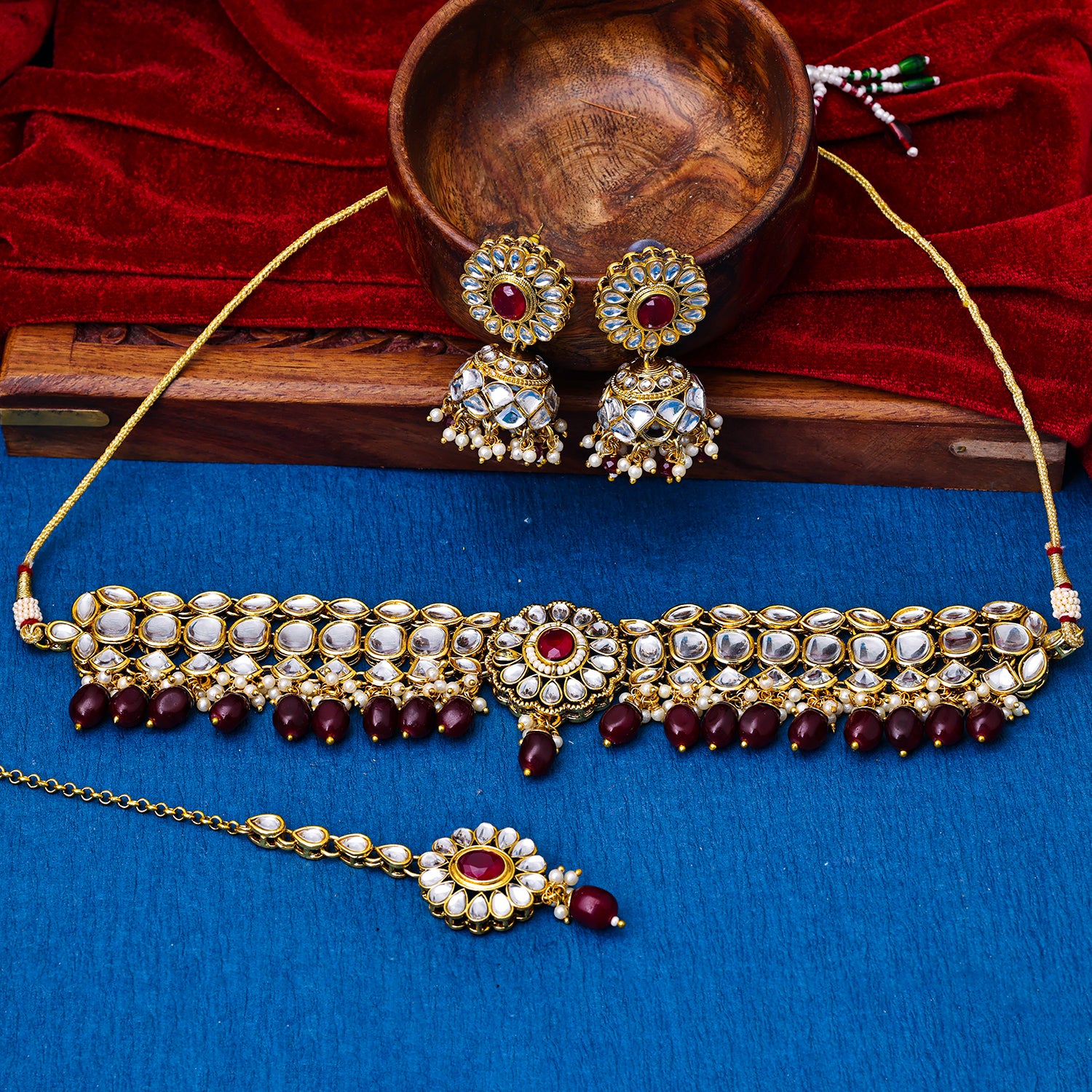 Sukkhi Gold Plated Maroon Kundan & Pearl Choker Necklace Set for Women