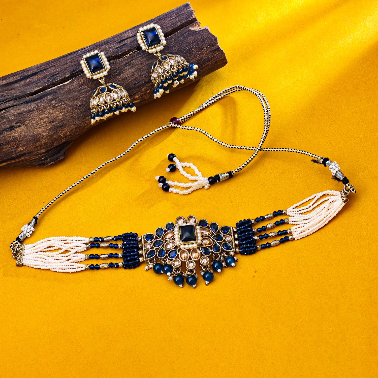 Sukkhi Gold Plated Navy Blue Reverse AD & Pearl Choker Necklace Set for Women