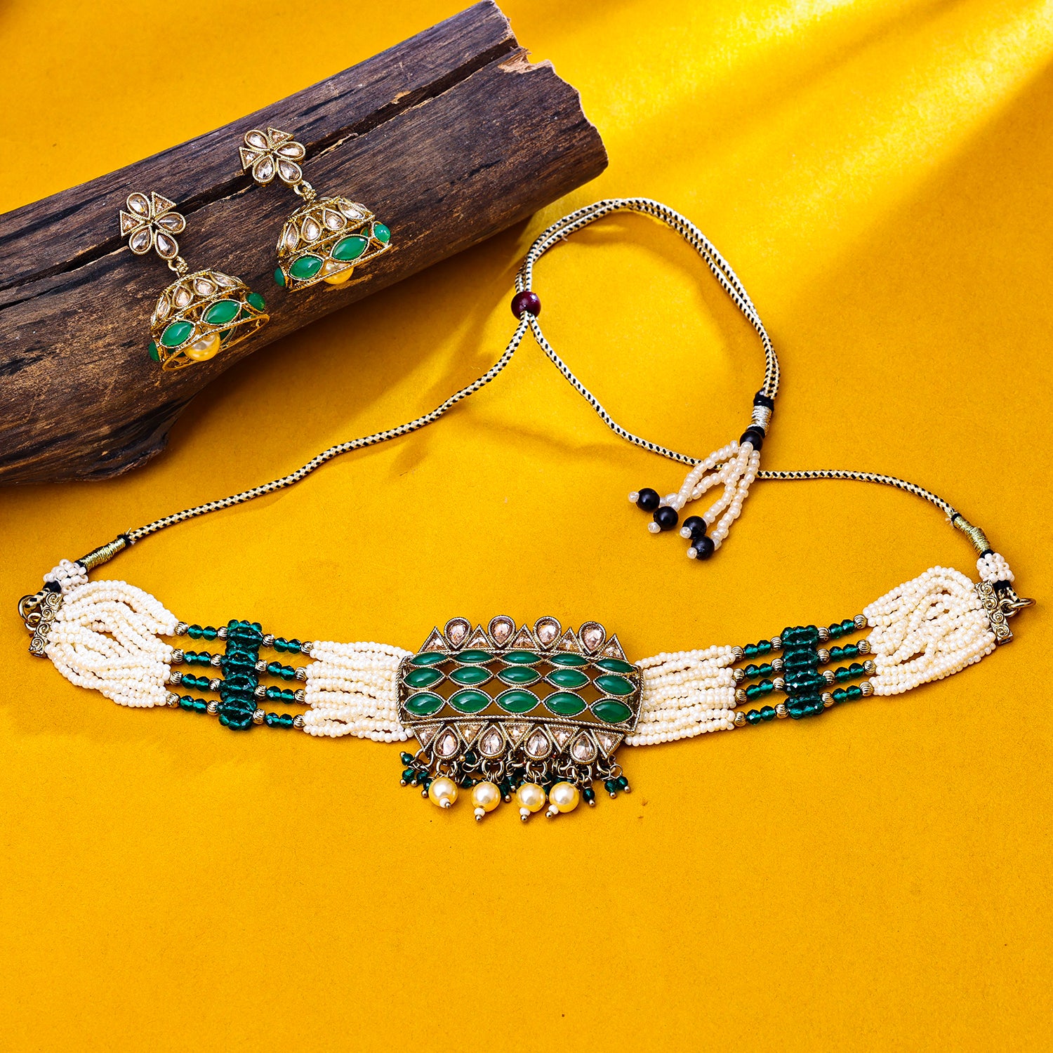 Sukkhi Gold Plated Green Reverse AD & Pearl Choker Necklace Set for Women
