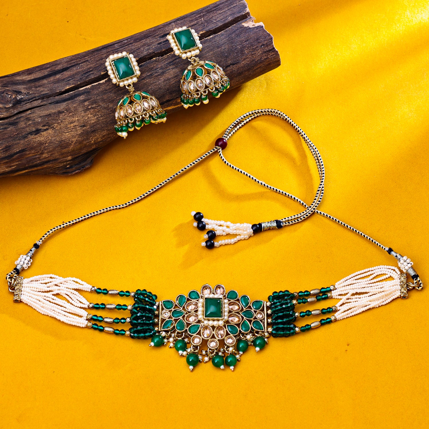 Sukkhi Gold Plated Green Reverse AD & Pearl Choker Necklace Set for Women