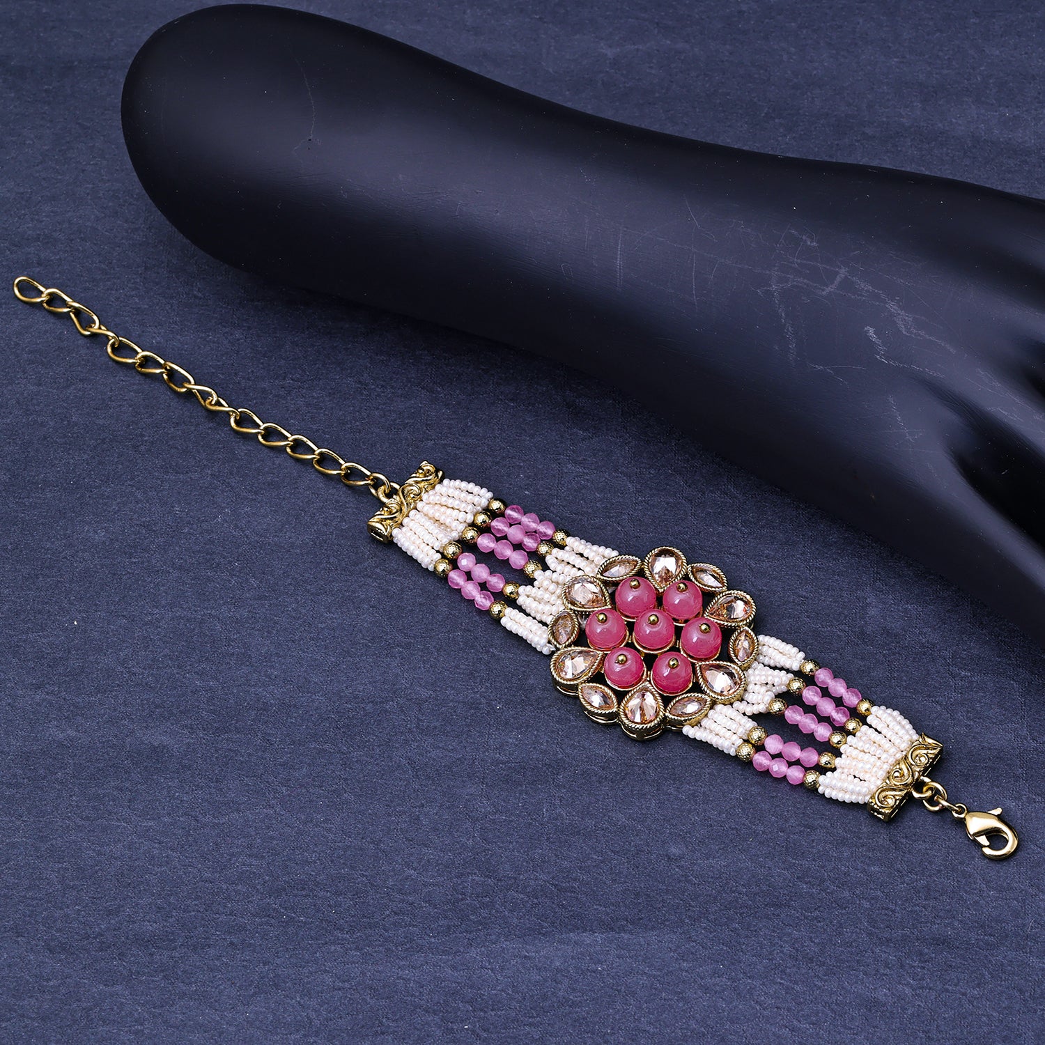 Sukkhi Gold Plated Pink Reverse AD & Pearl Braceletes for Women