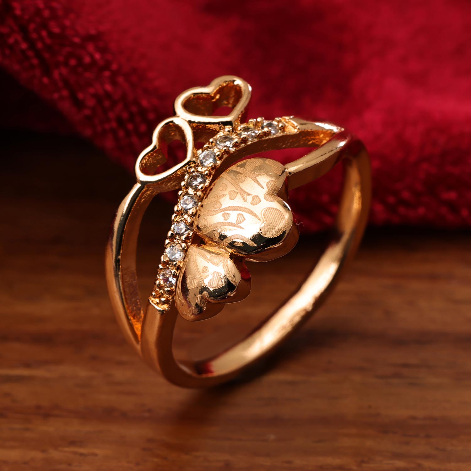 Sukkhi Glimmery Golden Heart Gold Plated CZ Ring for Women