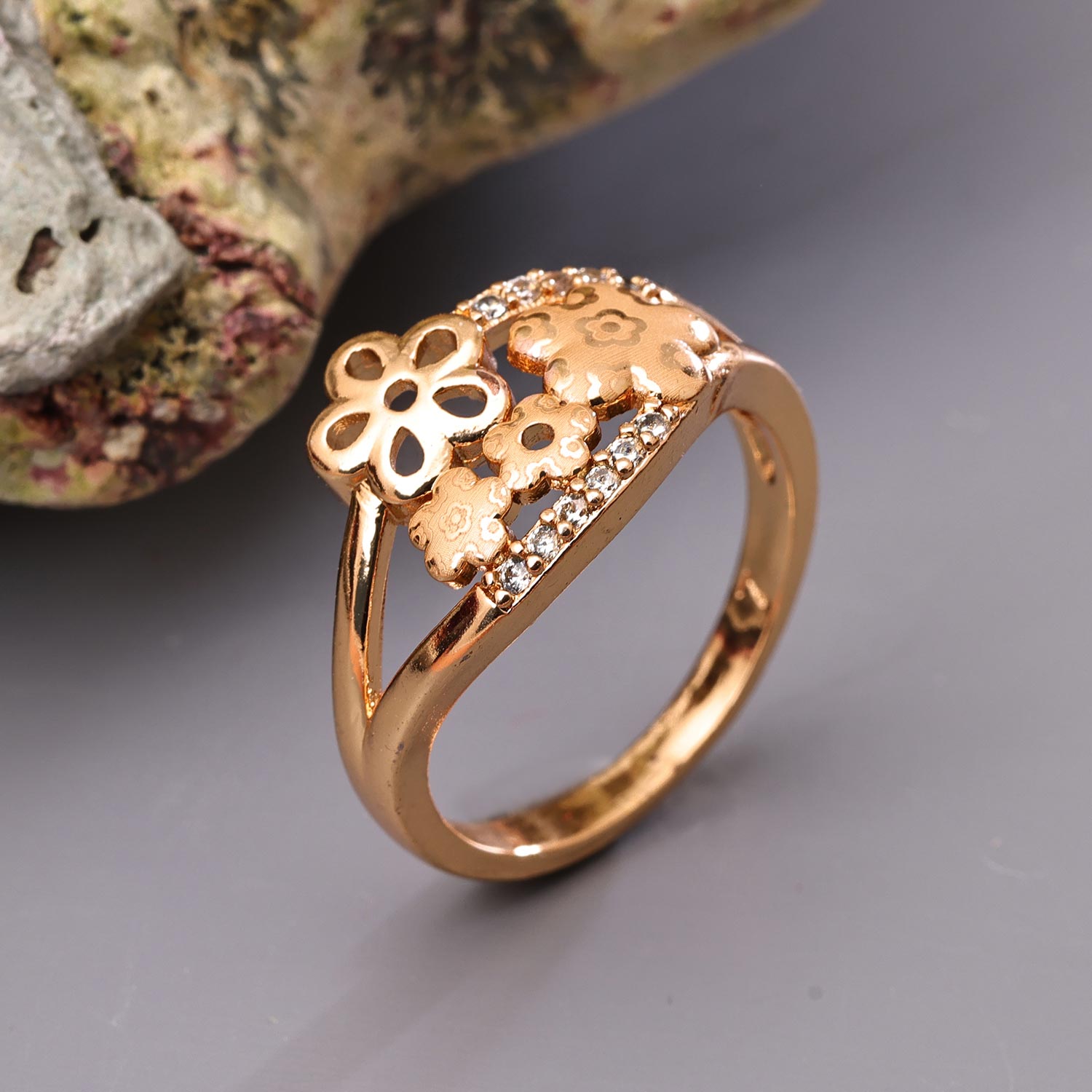 Sukkhi Elegant Golden Floral Gold Plated CZ Ring for Women