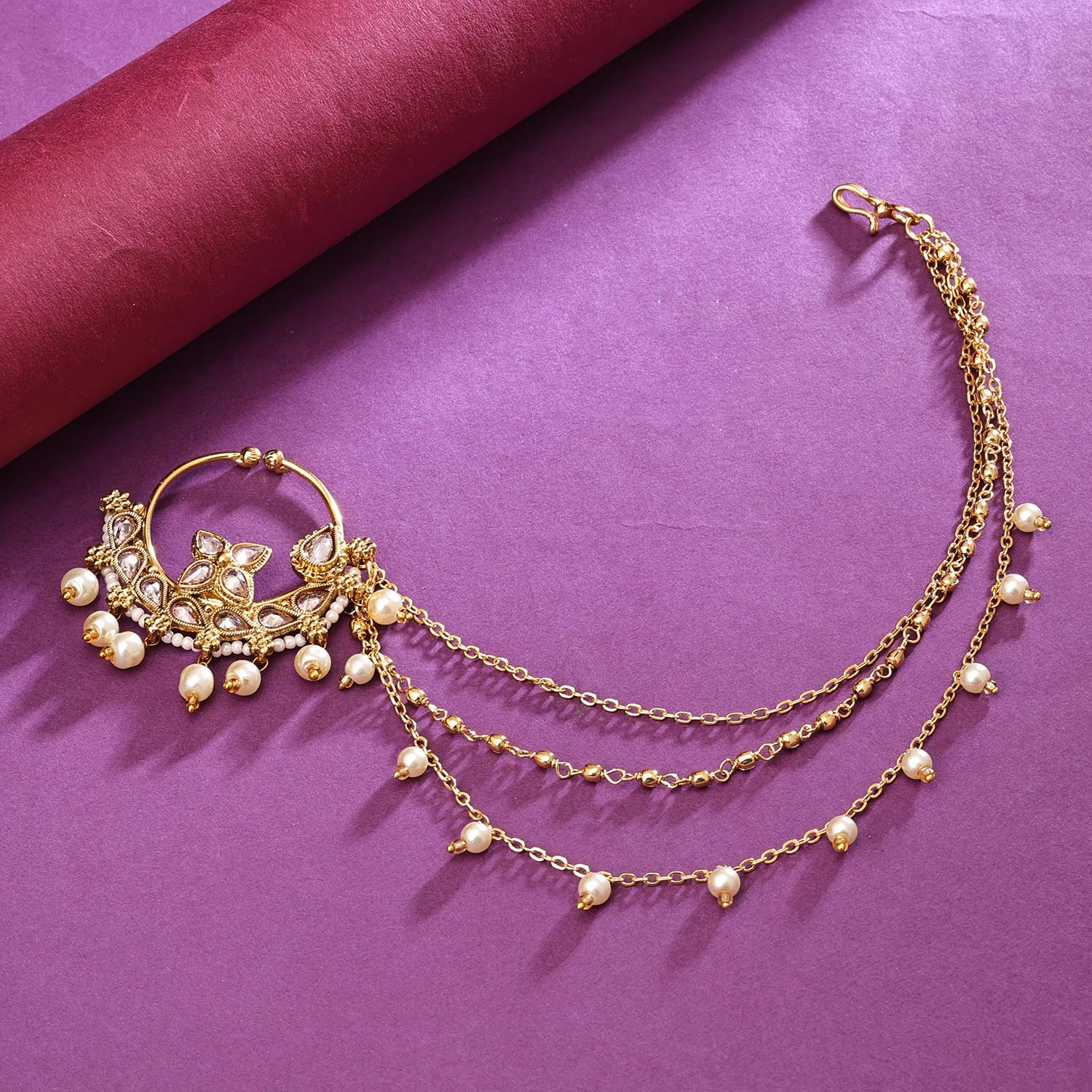 Sukkhi Dazzling Golden Gold Plated kundan & Pearl Nose Ring for Women