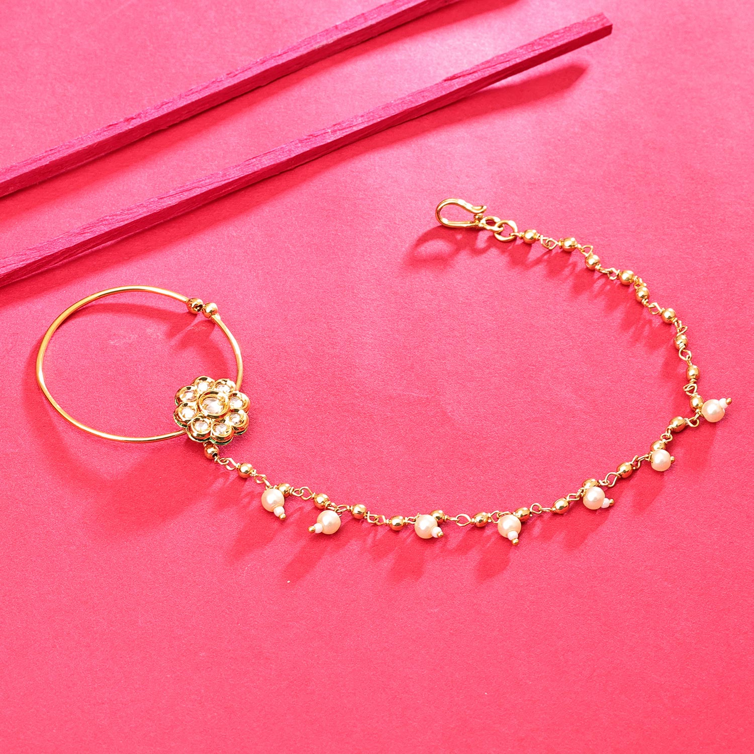 Sukkhi Gleaming Golden Gold Plated kundan & Pearl Nose Ring for Women