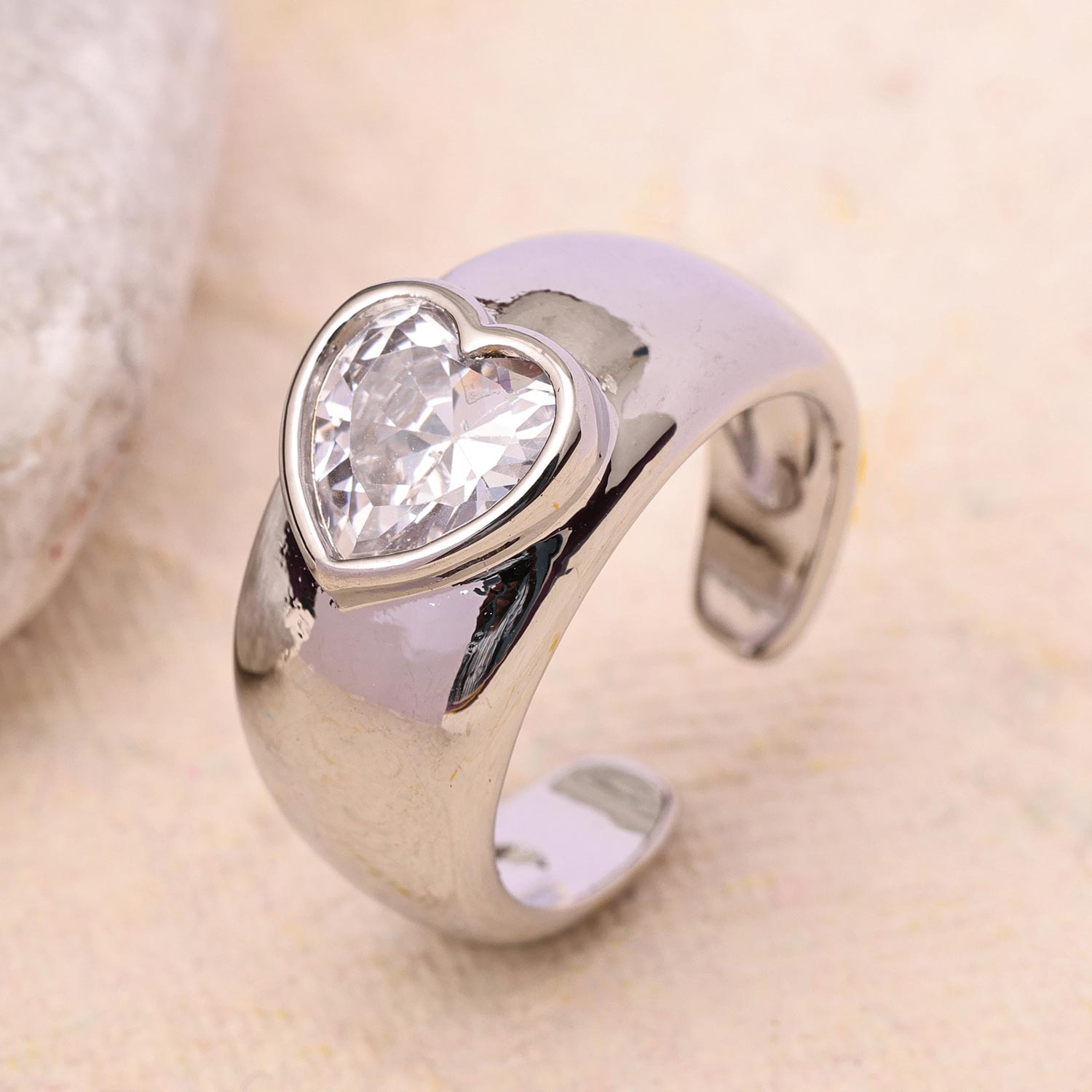 Sukkhi Skparkling Silver Heart Rhodium Plated CZ Ring for Women