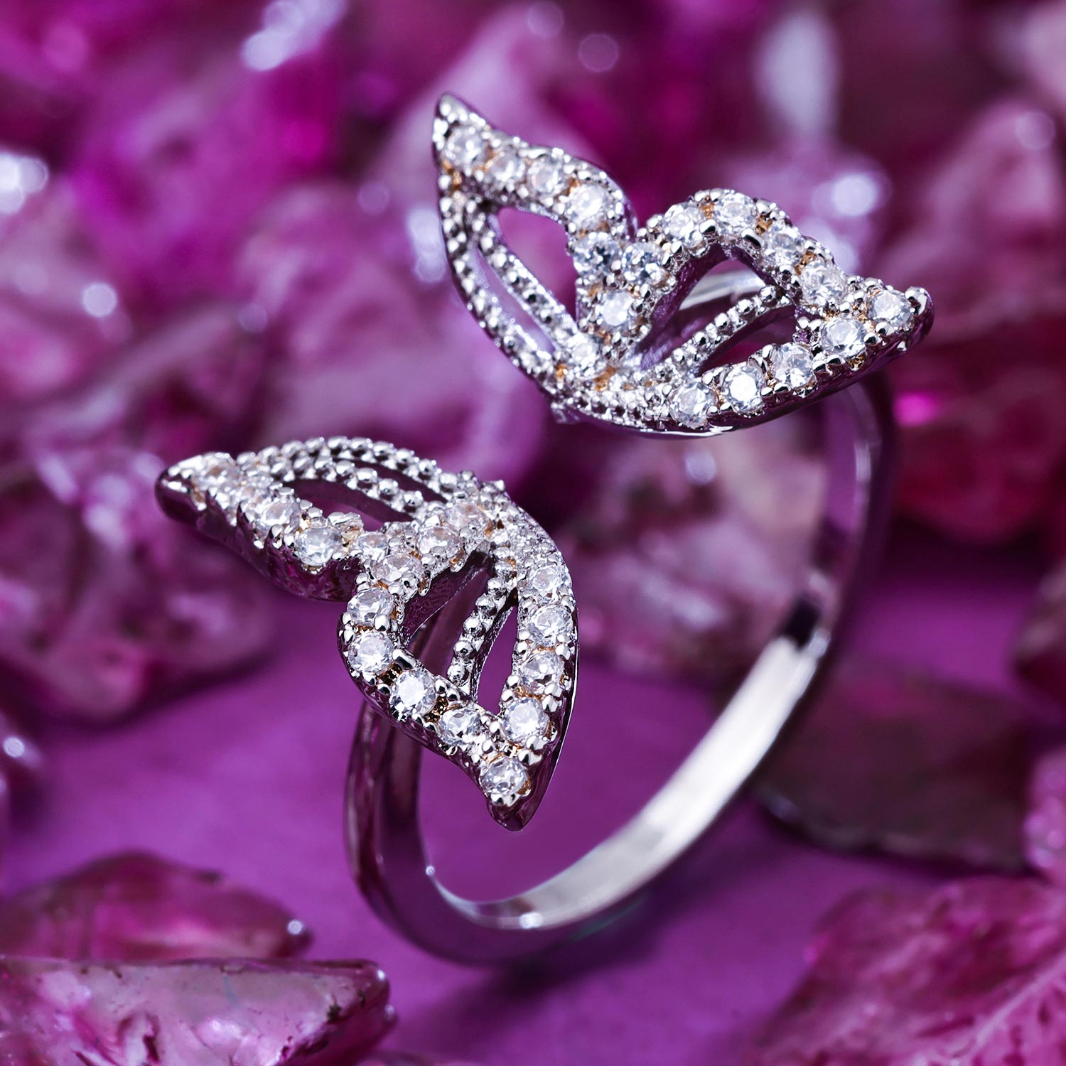 Sukkhi Spectacular Silver Butterfly Rhodium Plated CZ Ring for Women