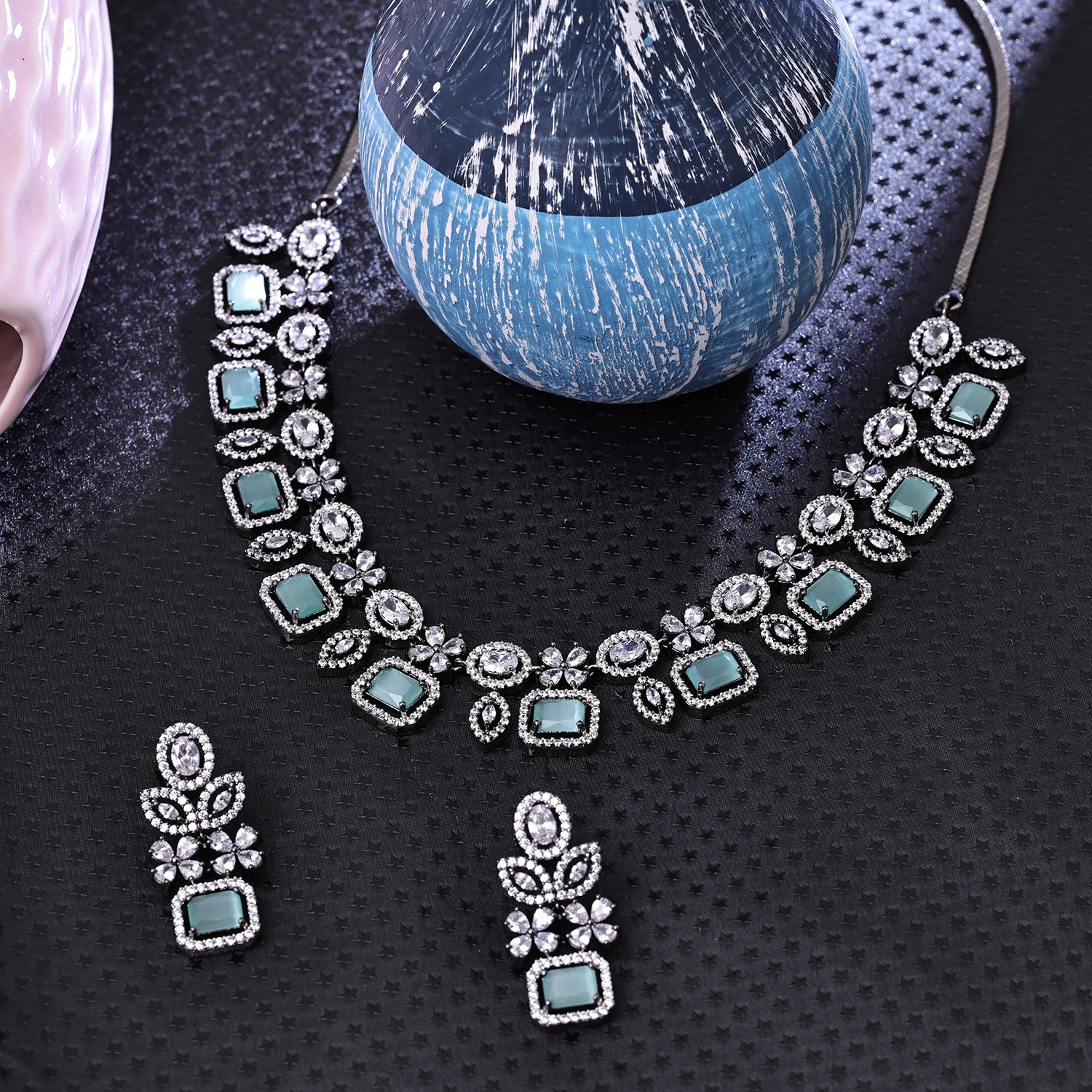 Sukkhi Delightful Sky Blue Rhodium Plated Cz Choker Necklace Set For Women