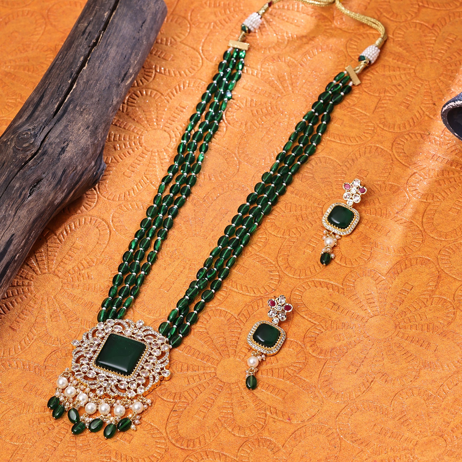 Sukkhi Charming Green Gold Plated Pearl Long Haram Necklace Set For Women