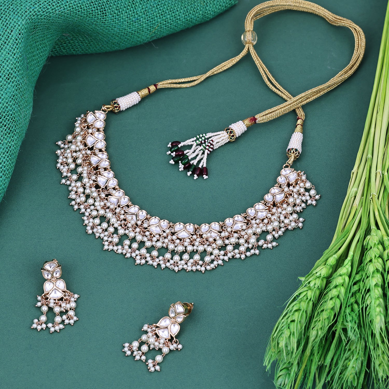 Sukkhi Stunning White Gold Plated Kundan & Pearl Choker Necklace Set For Women