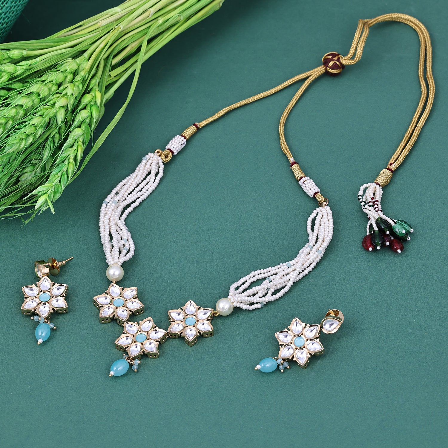 Sukkhi Taking White And Sky Blue Gold Plated Kundan & Pearl Choker Necklace Set For Women