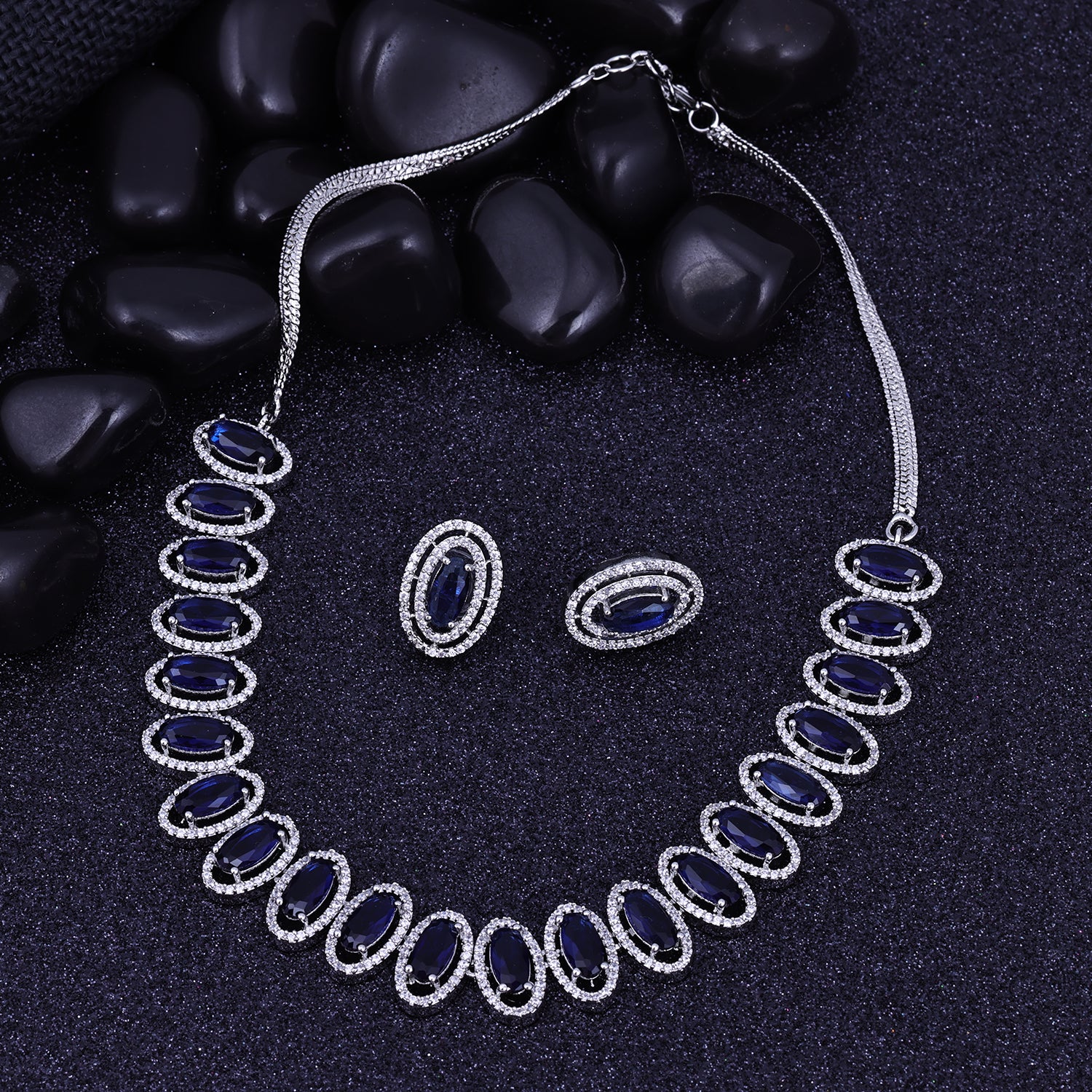 Sukkhi Pulchritudinous Blue Rhodium Plated Cz Choker Necklace Set For Women