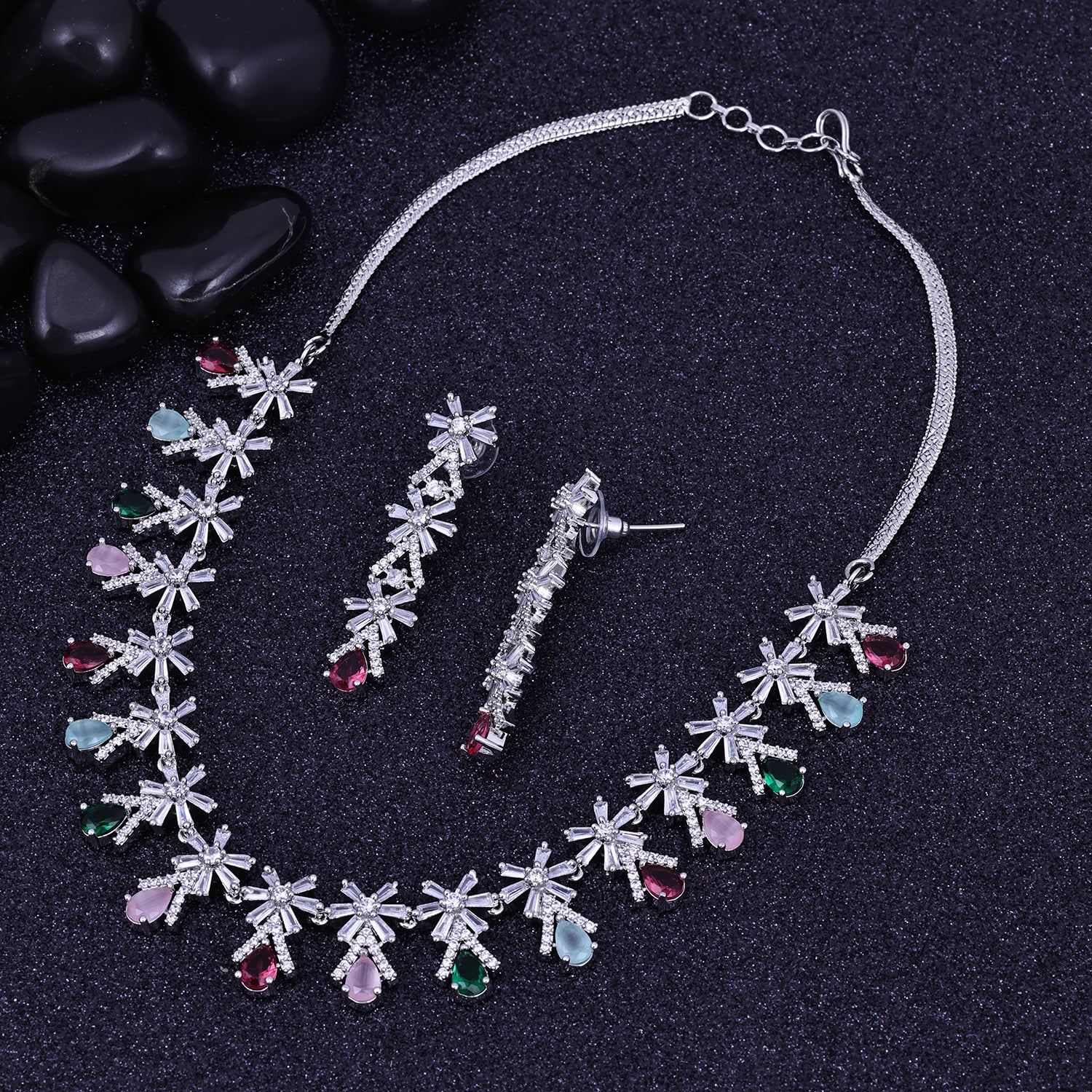 Sukkhi Slick Multicolor Rhodium Plated Cz Choker Necklace Set For Women
