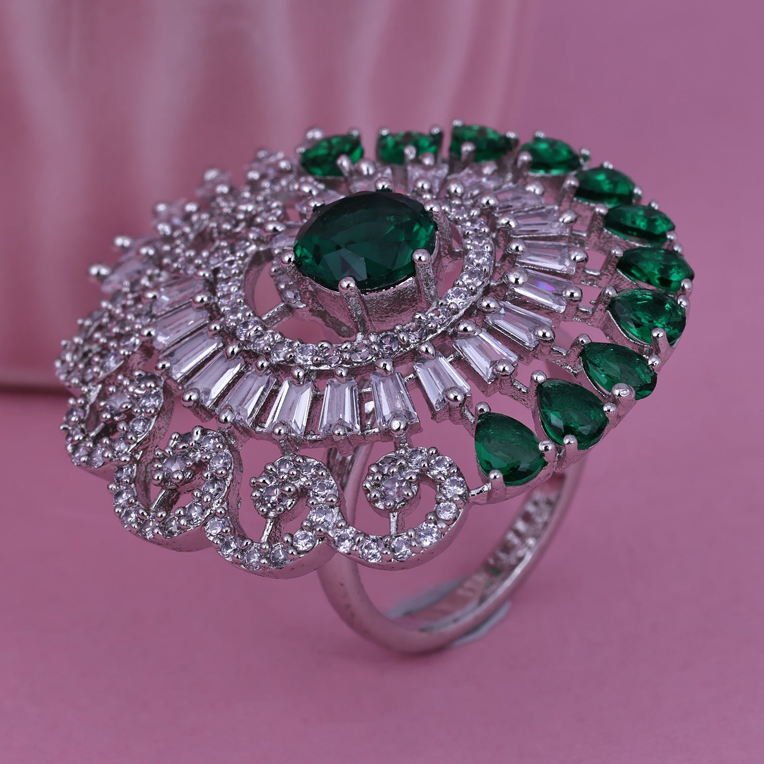 Sukkhi Exceptional Green Rhodium Plated Cz Ethnic Ring For Women