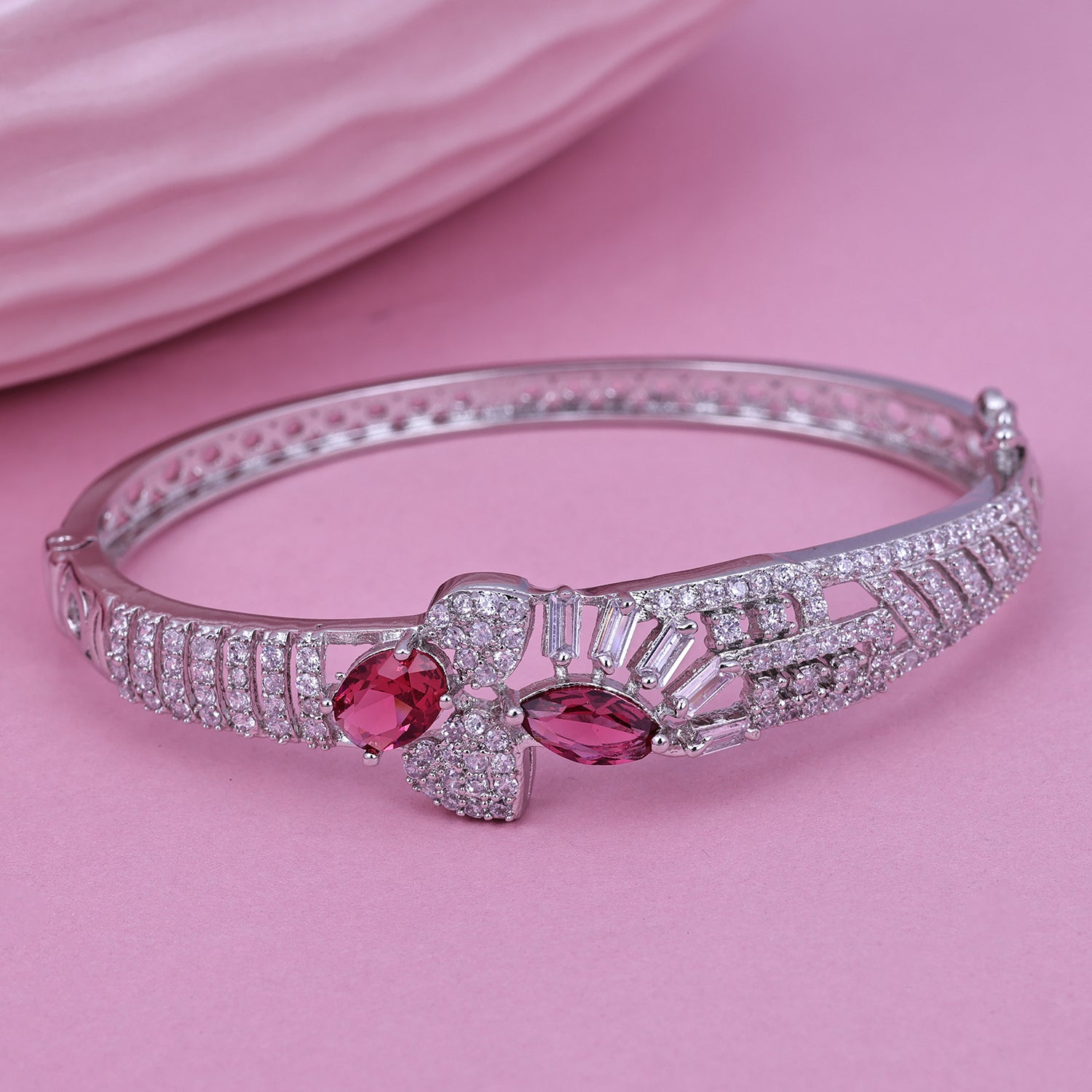 Sukkhi Classical Dark Pink And Silver Rhodium Plated Cz Contemporary Kada For Women