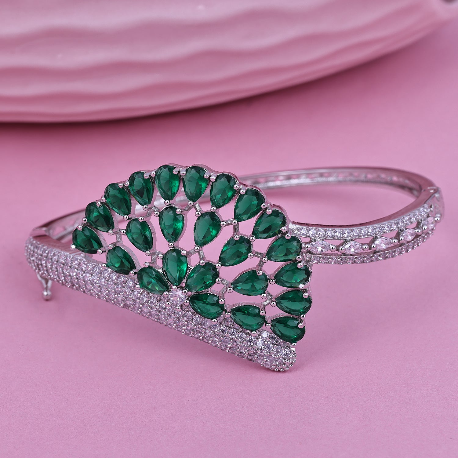 Sukkhi Traditional Green And White Rhodium Plated Cz Contemporary Kada For Women