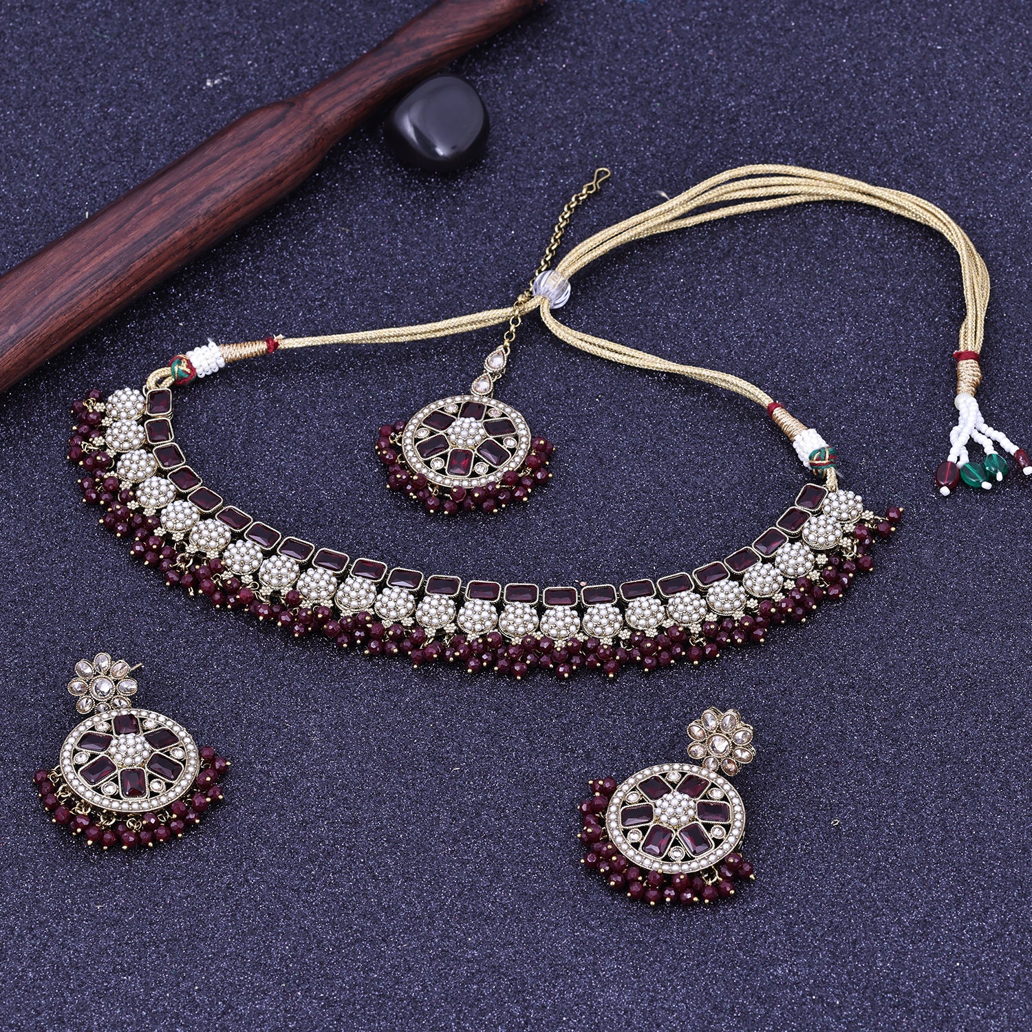 Sukkhi Entrancing Maroon Gold Plated Pearl Choker Necklace Set With Maang Tikka For Women