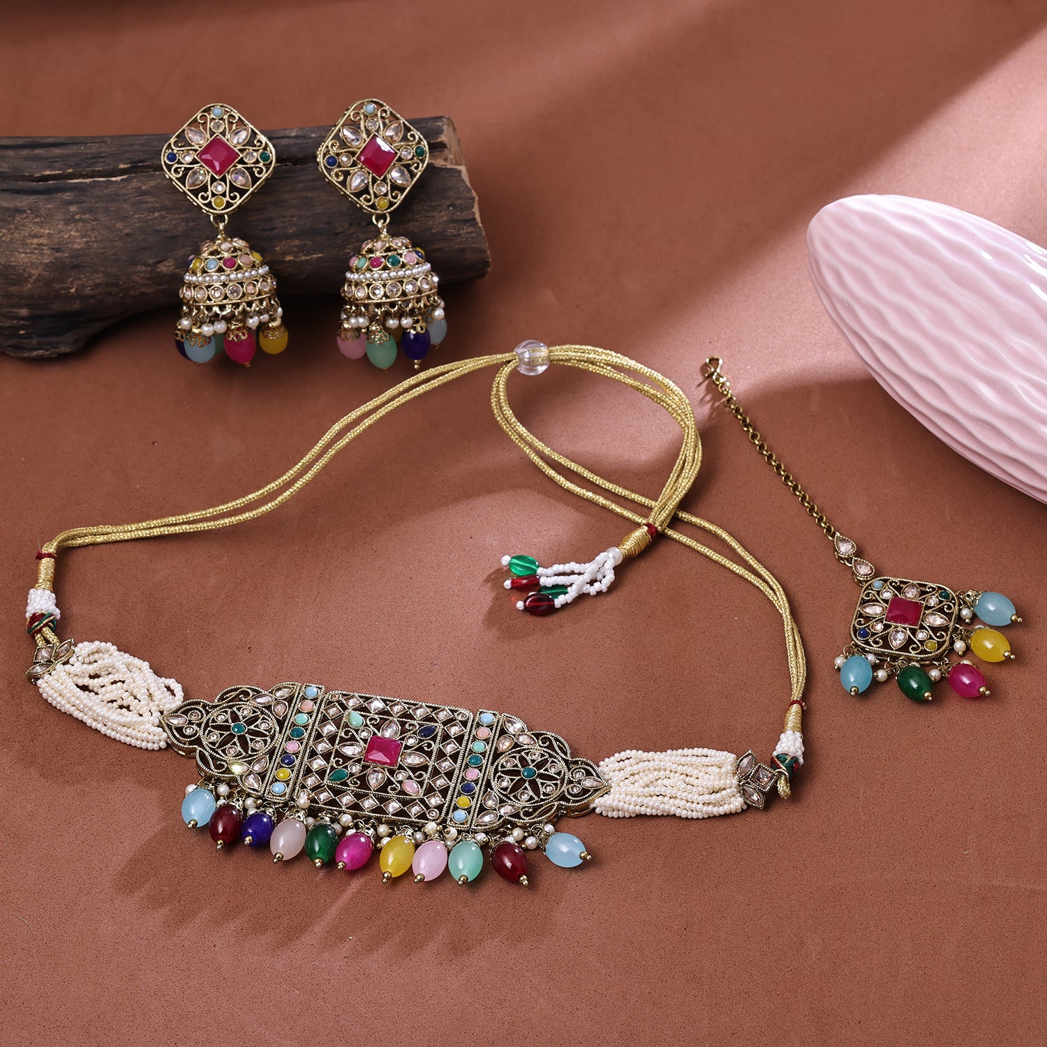Sukkhi (Also Glamourous) Multicolor Gold Plated Pearl Choker Necklace Set With Maang Tikka For Women