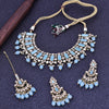 Sukkhi Good-Looking Sky Blue Gold Plated Pearl Collar Necklace Set With Maang Tikka For Women