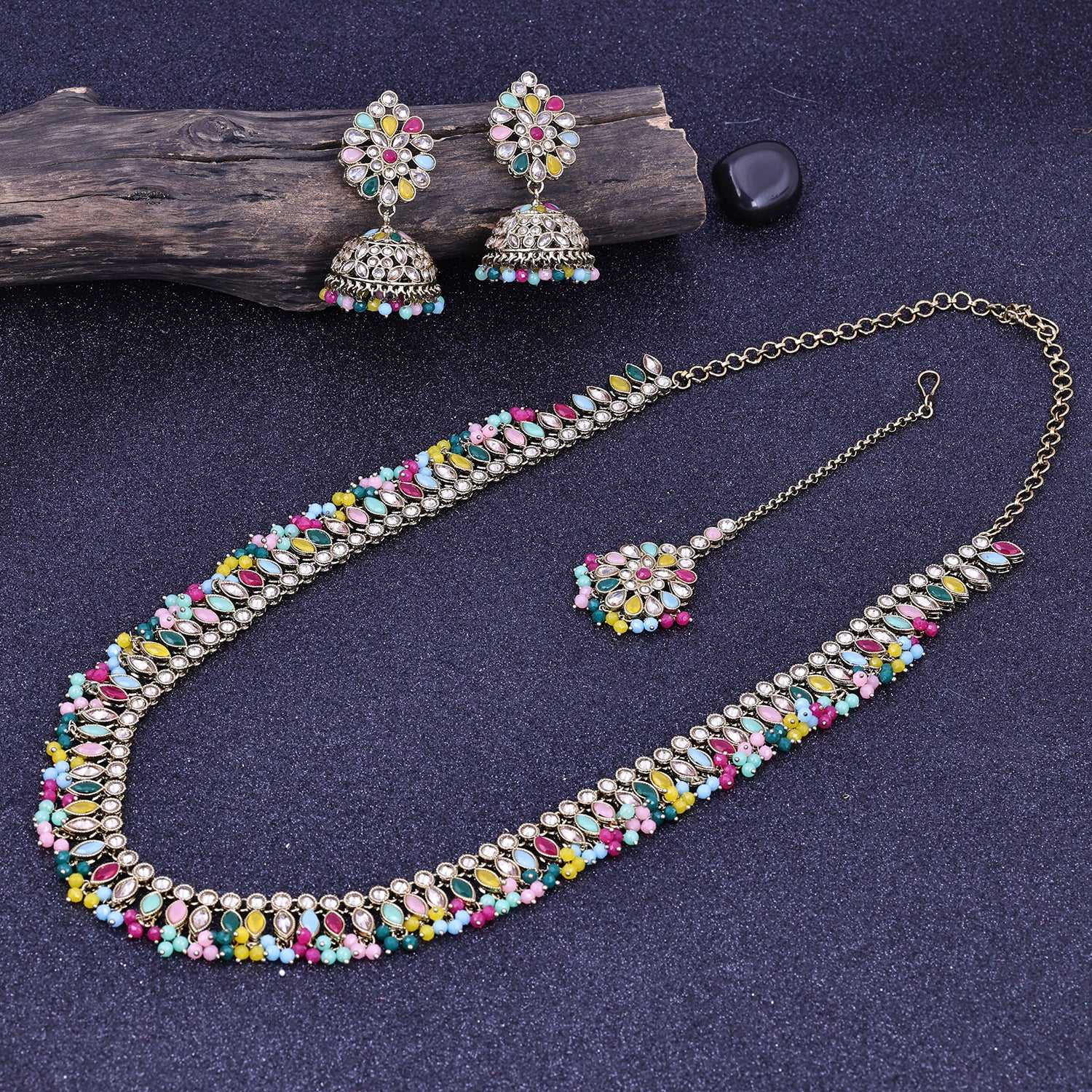 Sukkhi Likely Multicolor Rhodium Plated Pearl Long Haram Necklace Set With Maang Tikka For Women