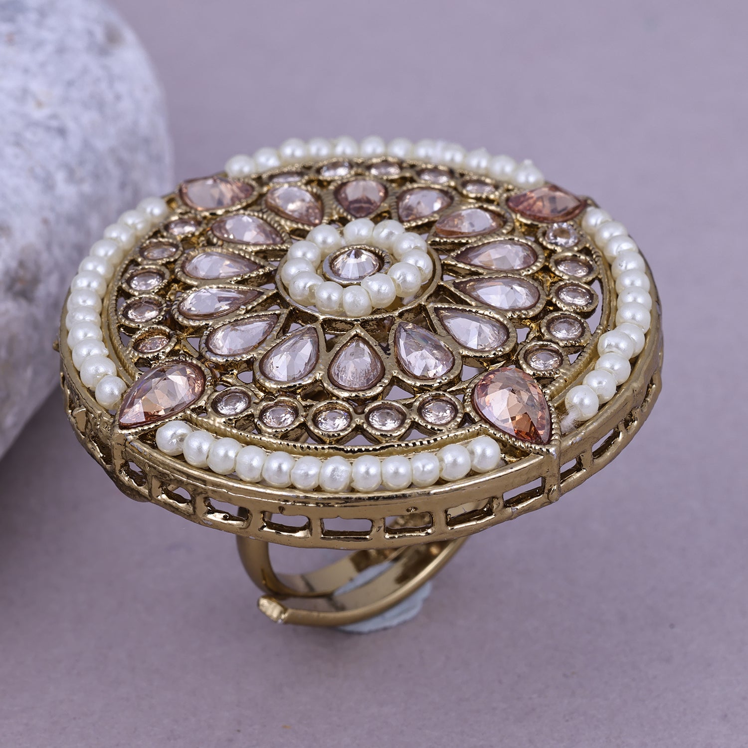 Sukkhi Radiant Light Pink Gold Plated Kundan Ethnic Ring For Women
