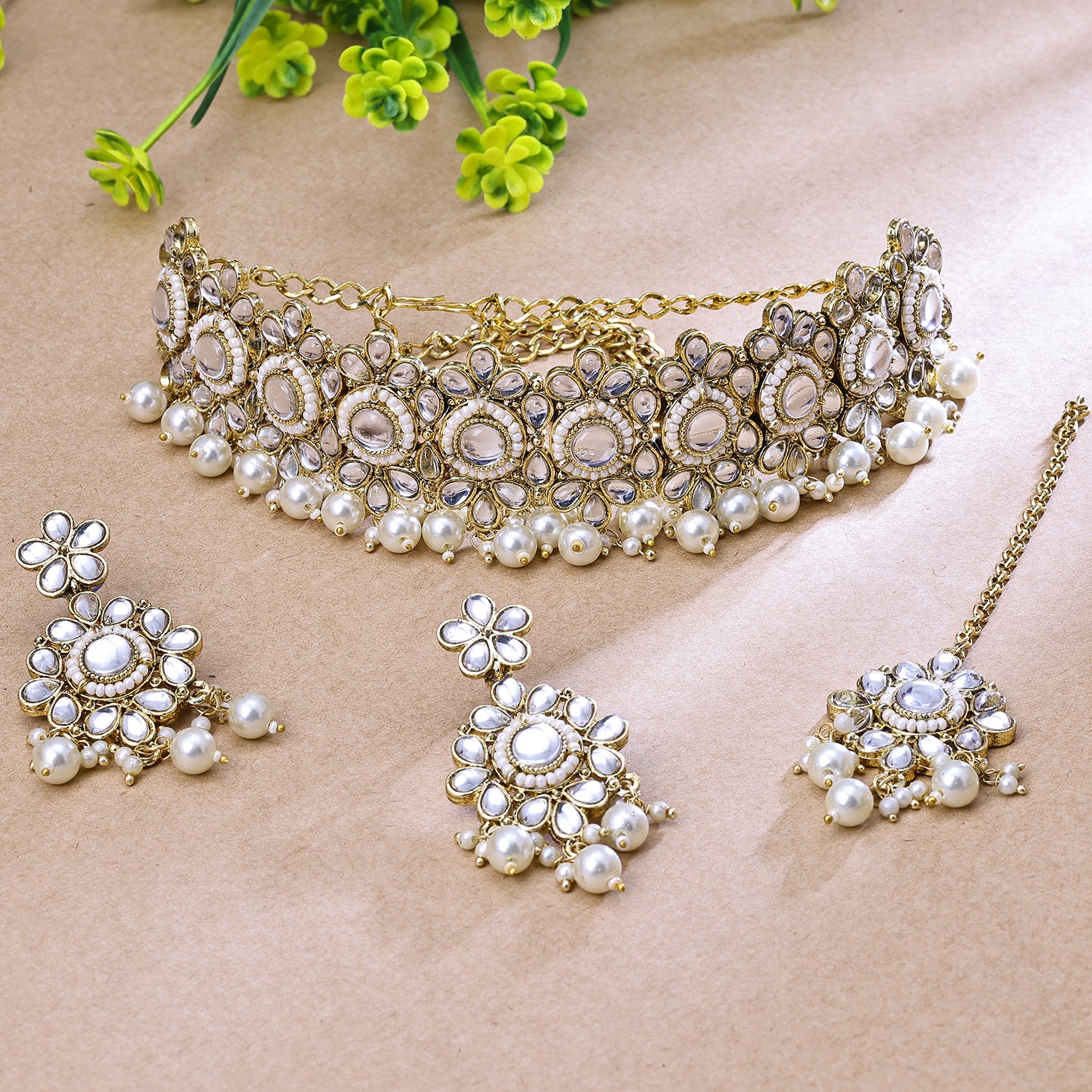 Sukkhi Gold Plated Kundan & Pearl White Choker Floral Necklace Set for Women