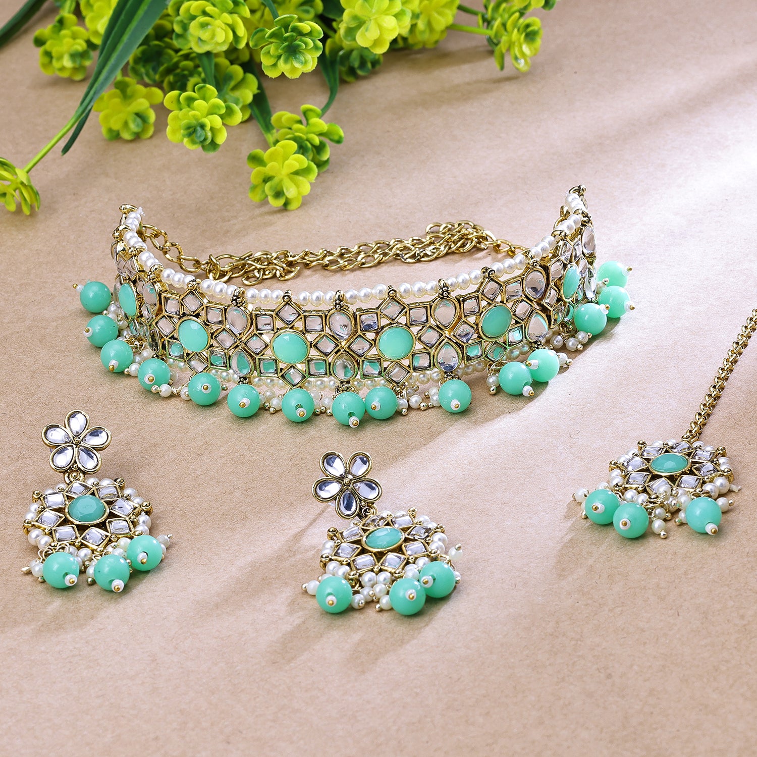 Sukkhi Gold Plated Color Stone & Kundan Light Green Choker Floral Necklace Set for Women