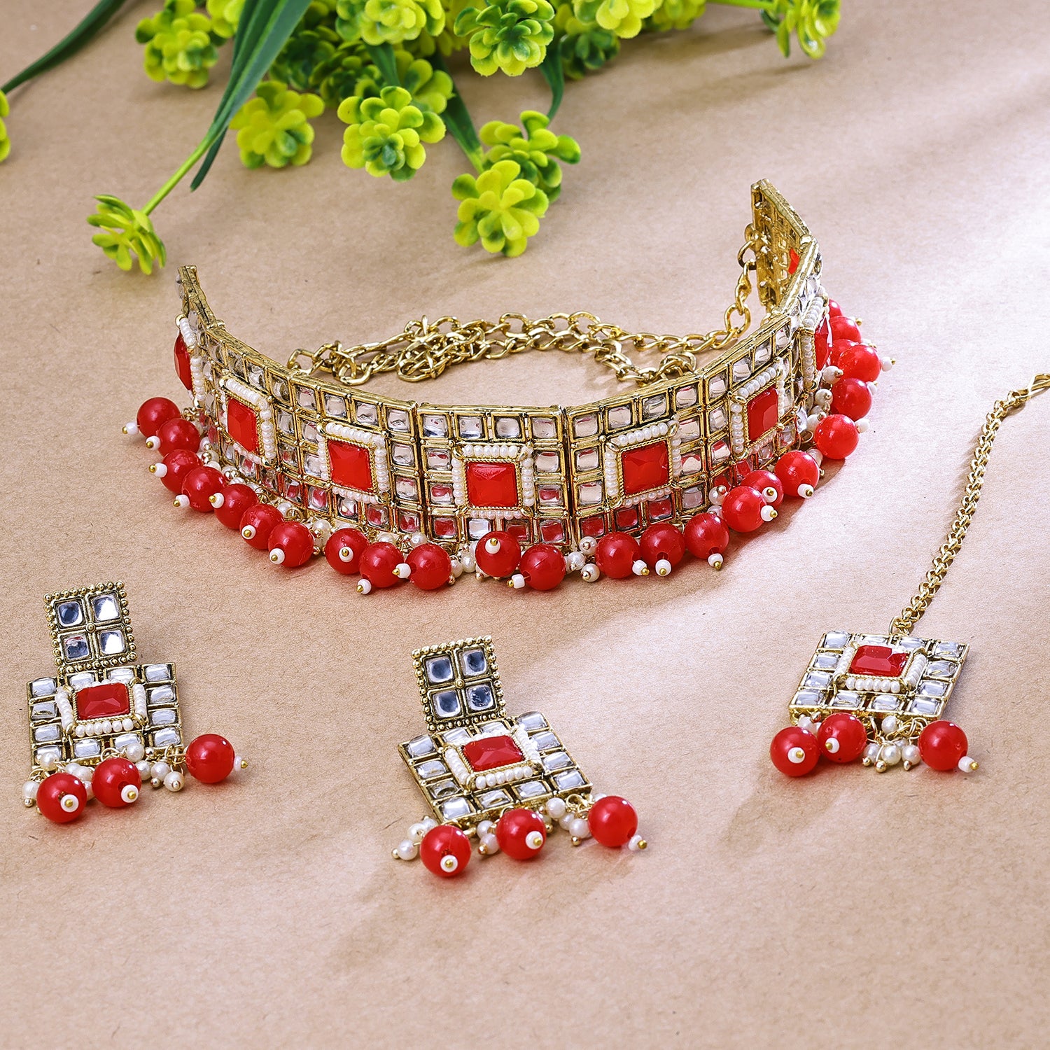 Sukkhi Gold Plated Color Stone & Kundan Red Choker Square Necklace Set for Women