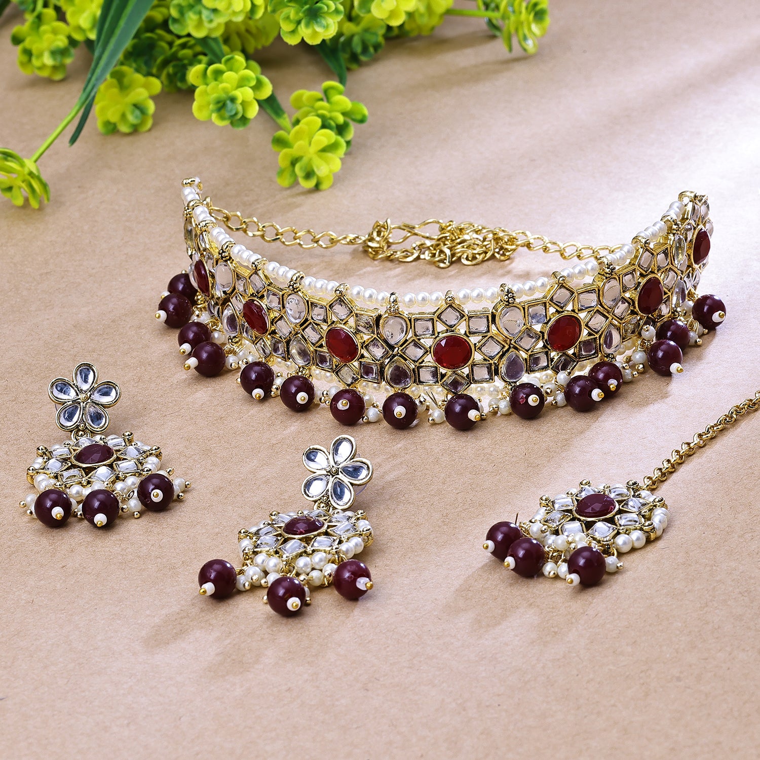 Sukkhi Gold Plated Color Stone & Kundan Maroon Choker Floral Necklace Set for Women